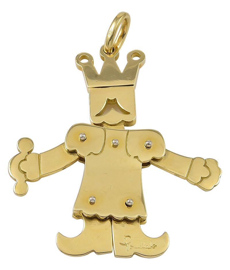 signed Pomellato on one boot and stamped 750 on the top ring, this comical figure is made of generously thick Gold, as are many pieces that are produced by Pomellato. The arms, legs and head swing when being worn, making it a very touchable piece of