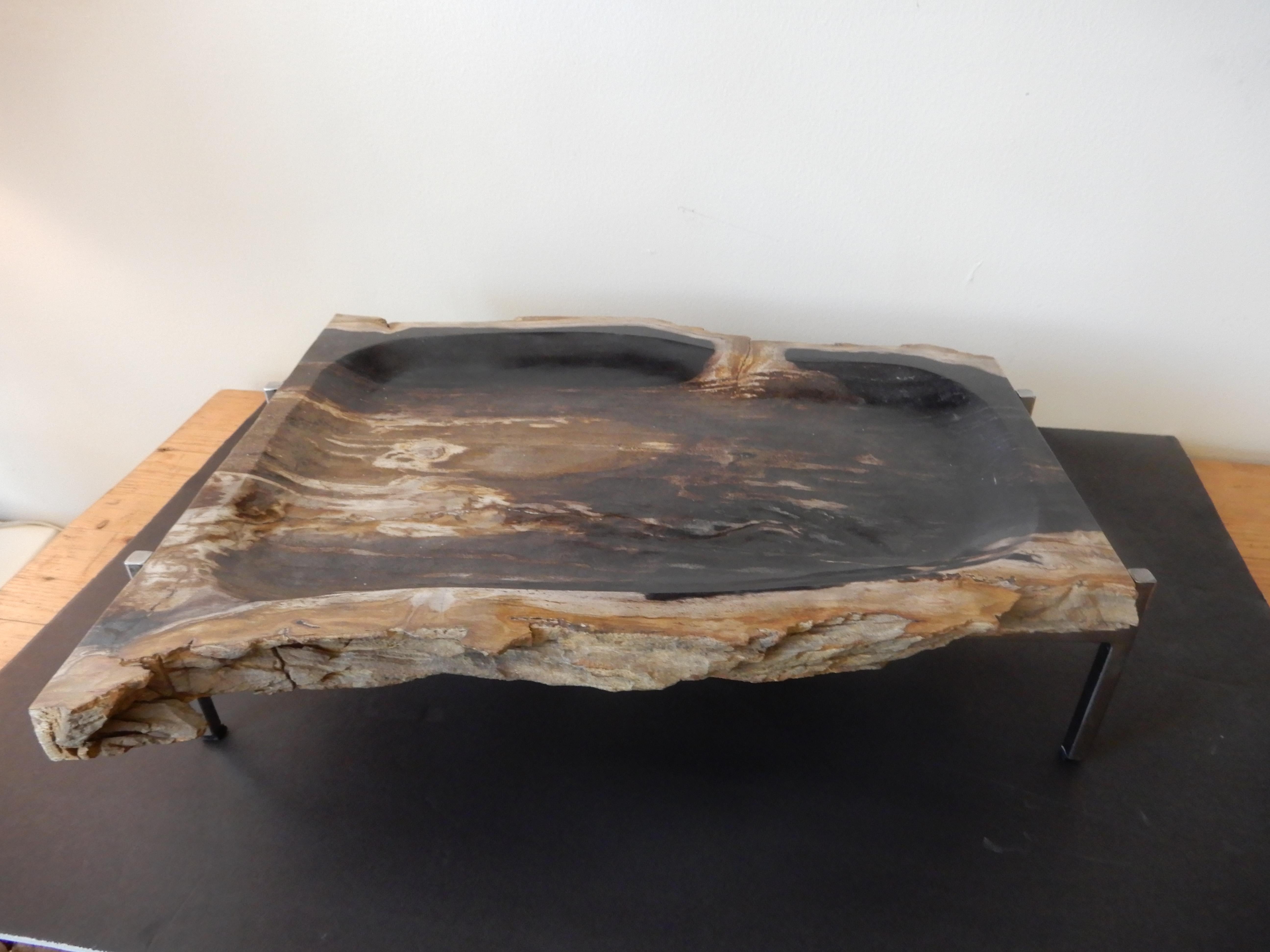 Nepalese Artisan Crafted Petrified Wood and Chrome Platter