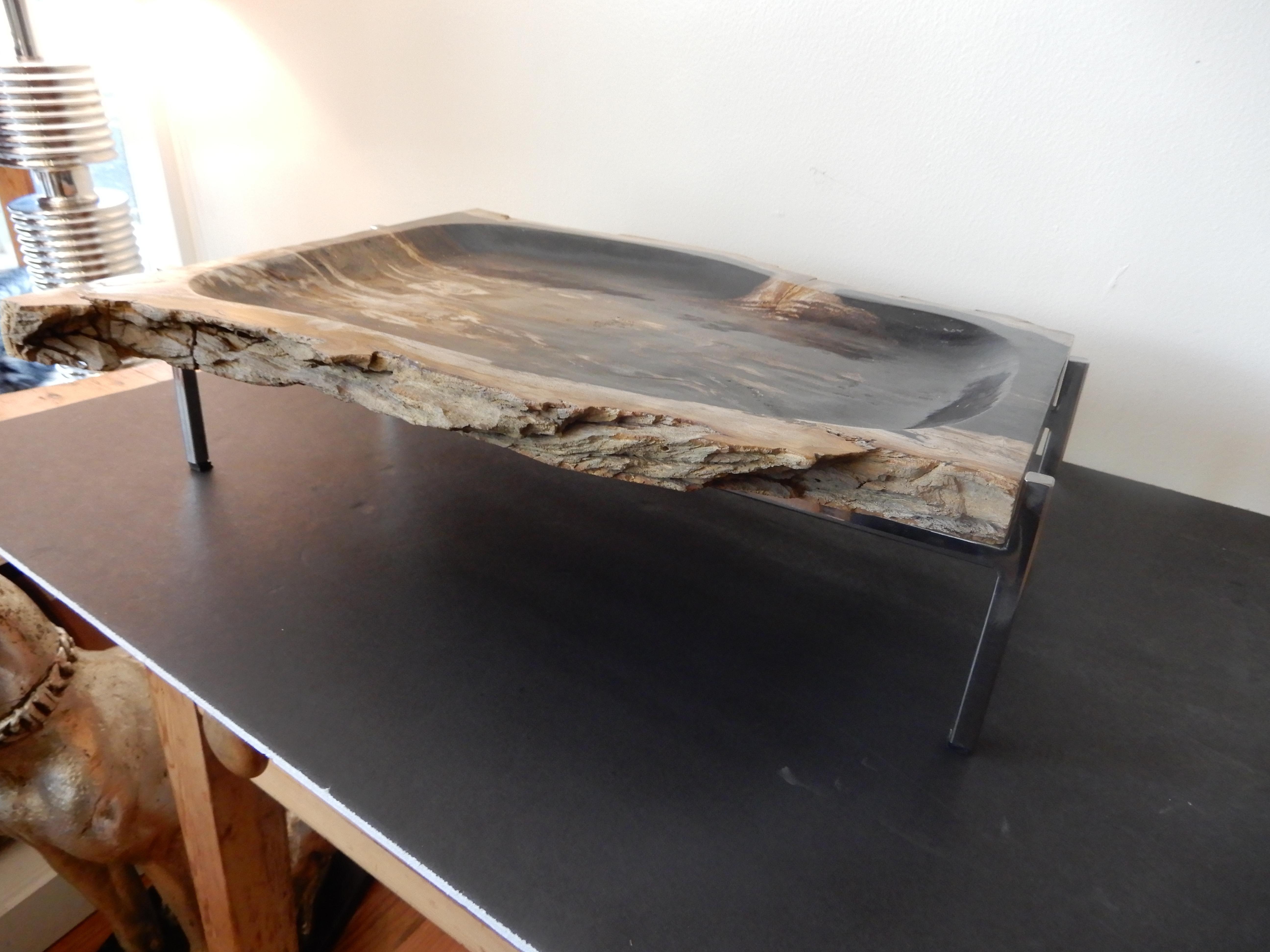 Artisan Crafted Petrified Wood and Chrome Platter In Excellent Condition In Bellport, NY