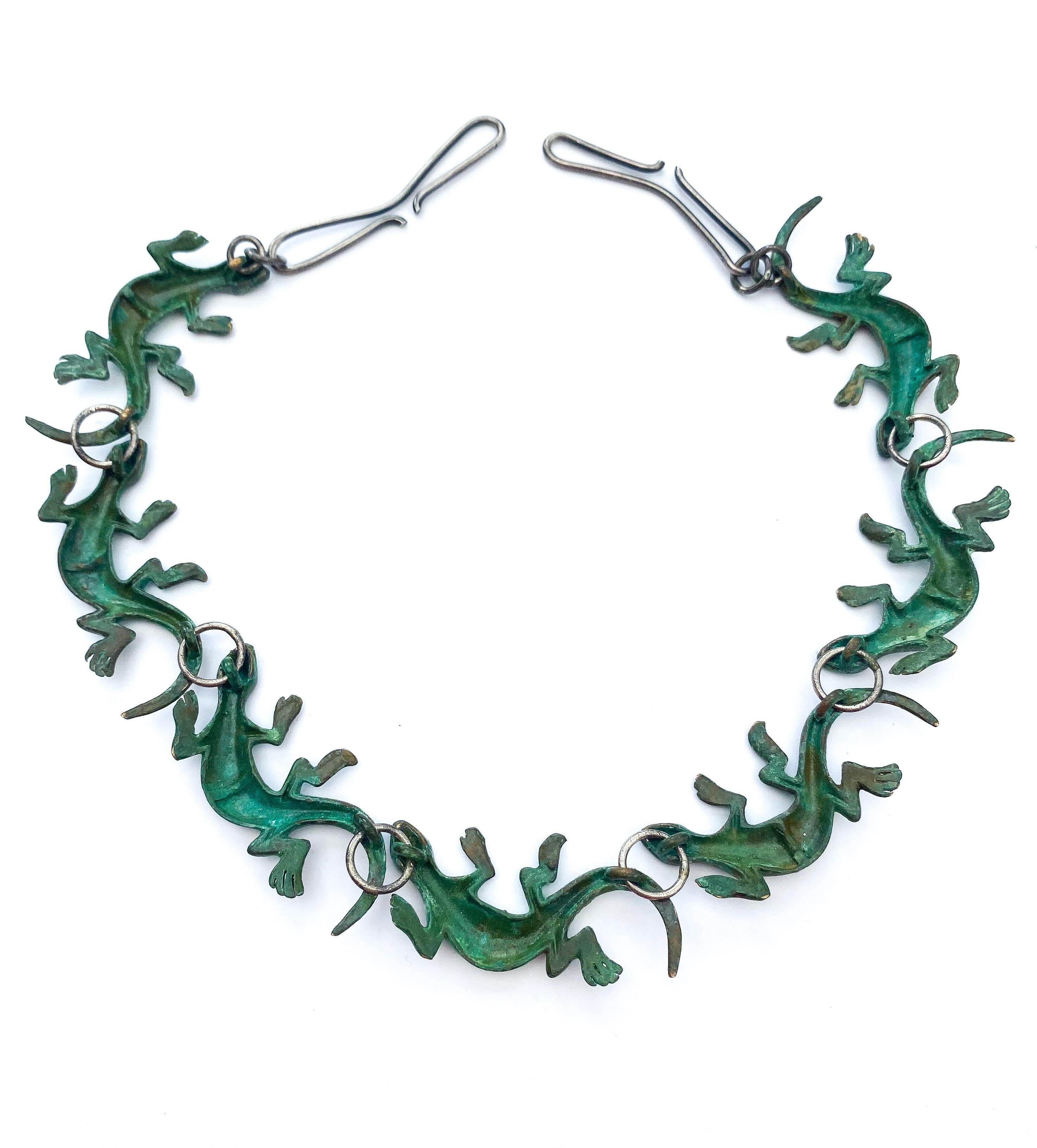 An artisan/hand made patinated bronze 'salamander' necklace, 1970s. For Sale 6