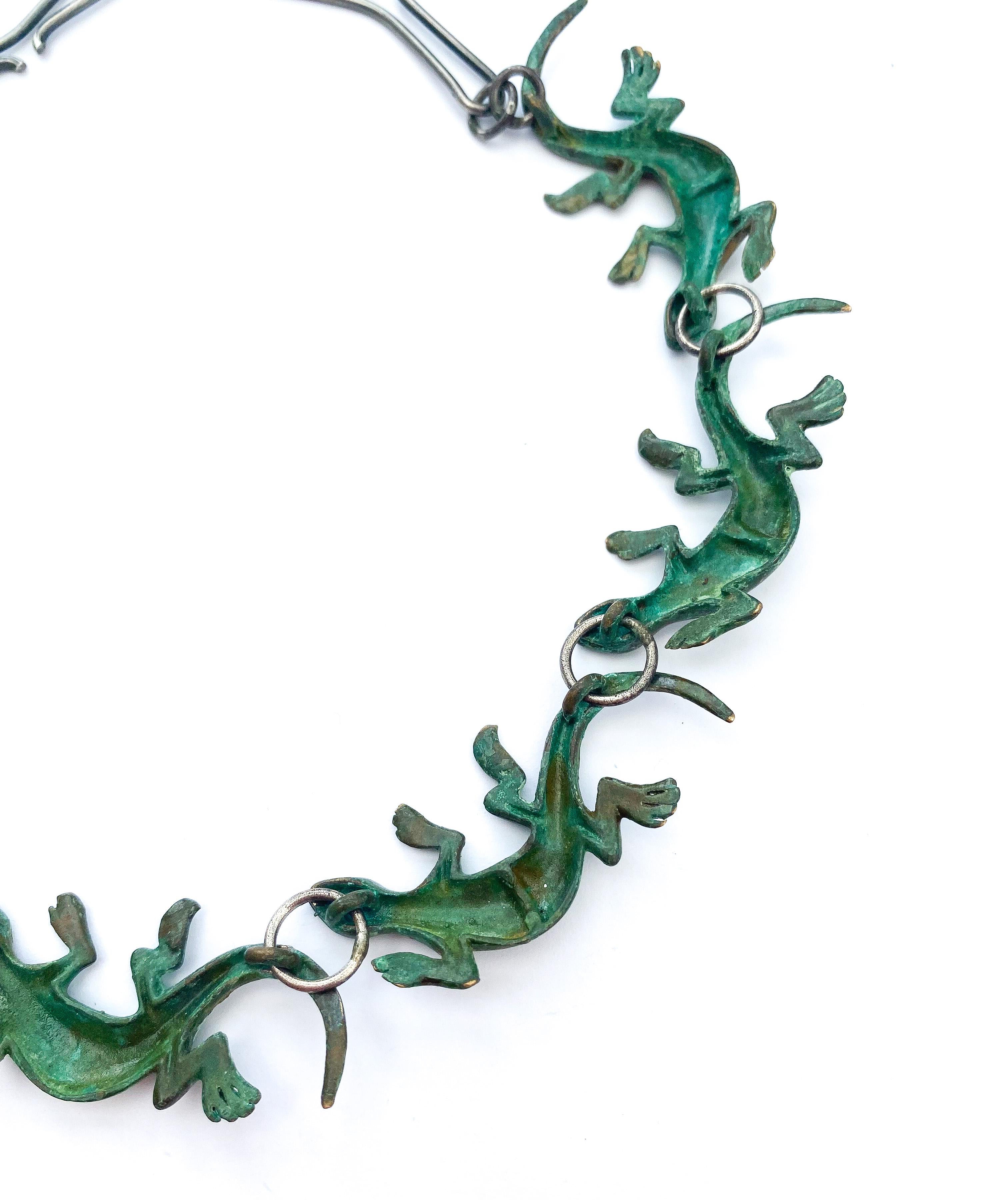 An artisan/hand made patinated bronze 'salamander' necklace, 1970s. For Sale 7