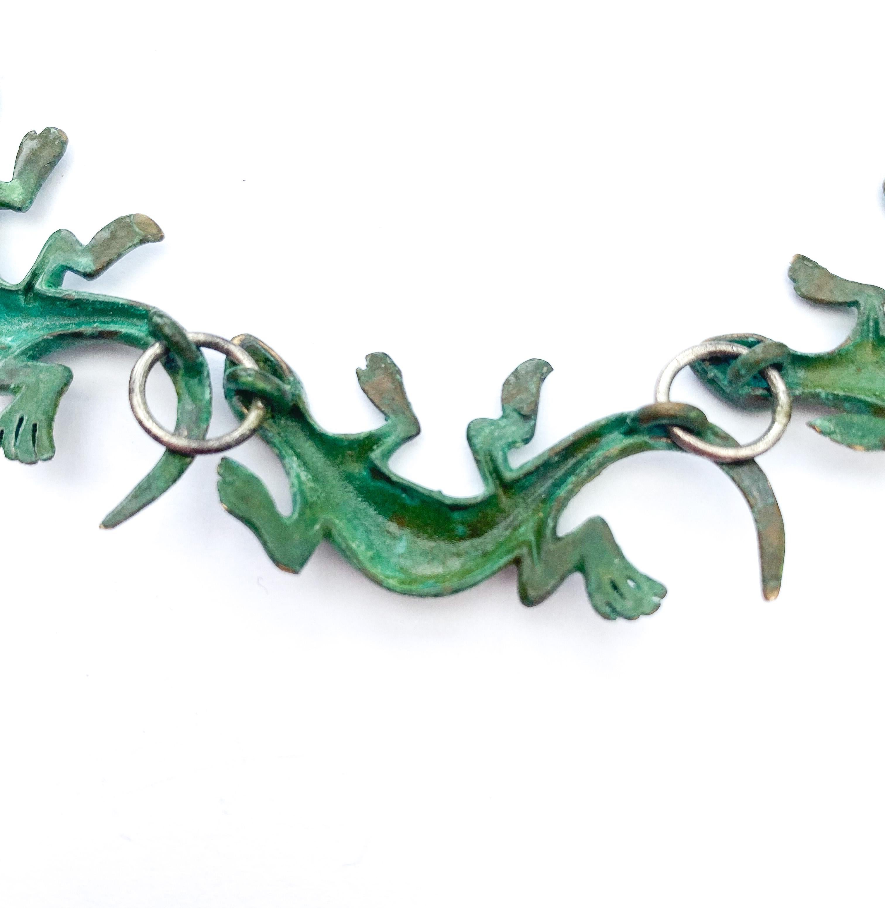 An artisan/hand made patinated bronze 'salamander' necklace, 1970s. For Sale 8