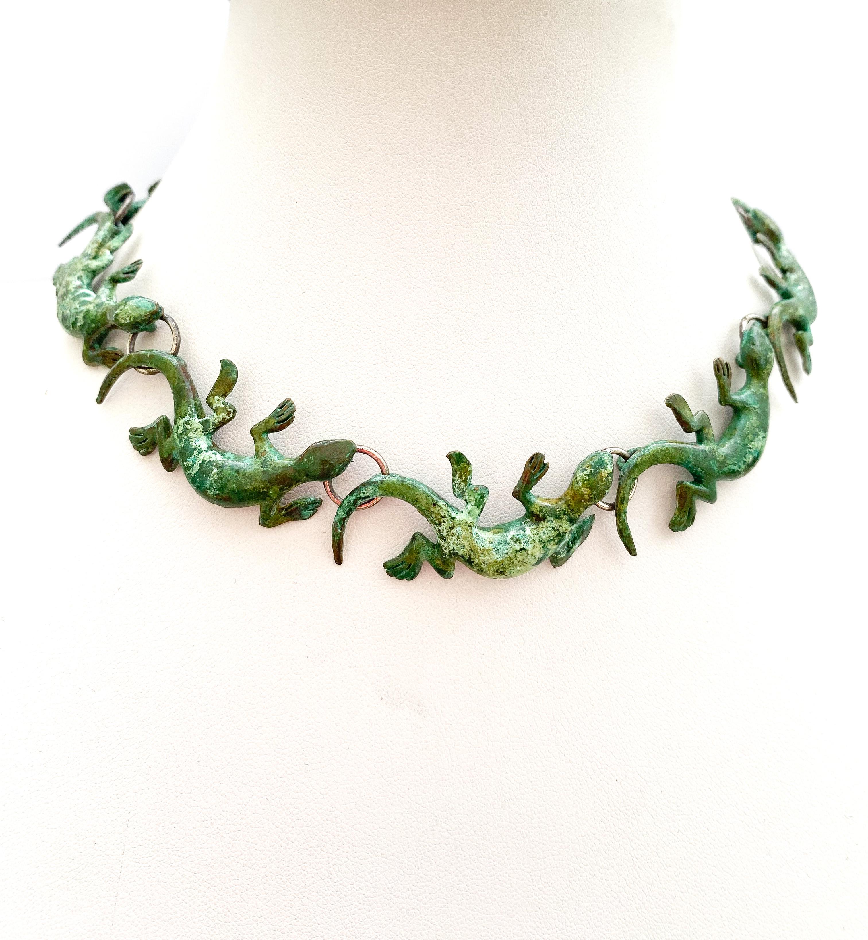 Women's or Men's An artisan/hand made patinated bronze 'salamander' necklace, 1970s. For Sale