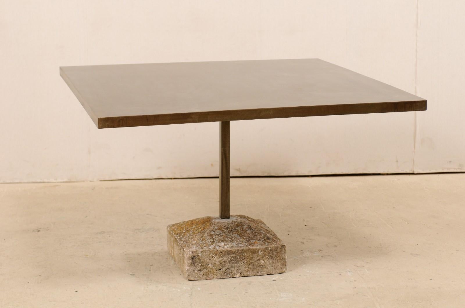 Artisan Made Custom Square Iron Top Table on Stone Plinth Base For Sale 3