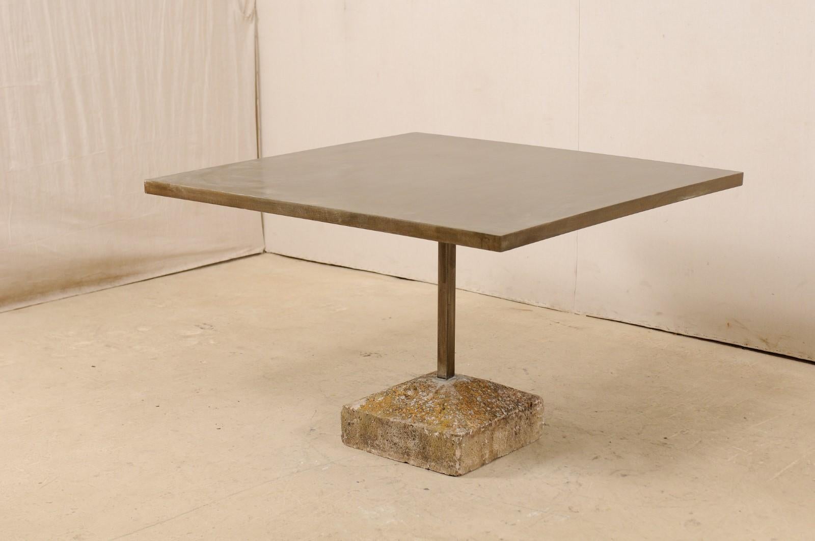 Artisan Made Custom Square Iron Top Table on Stone Plinth Base For Sale 4