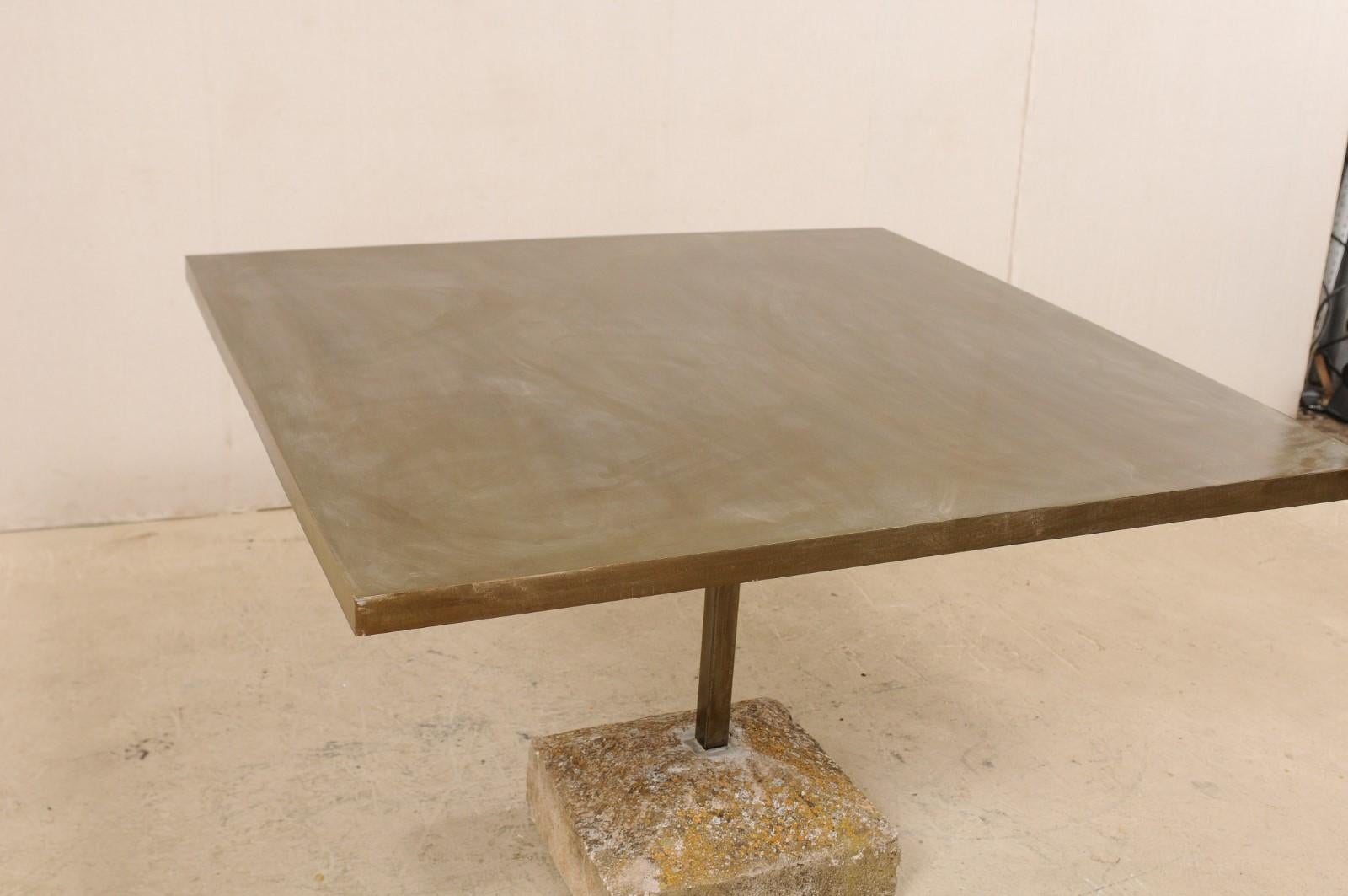 Hand-Carved Artisan Made Custom Square Iron Top Table on Stone Plinth Base For Sale