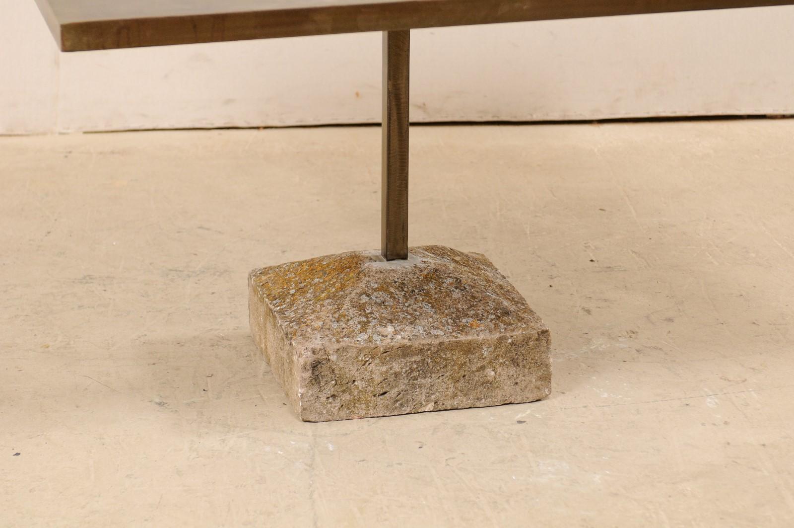 Contemporary Artisan Made Custom Square Iron Top Table on Stone Plinth Base For Sale