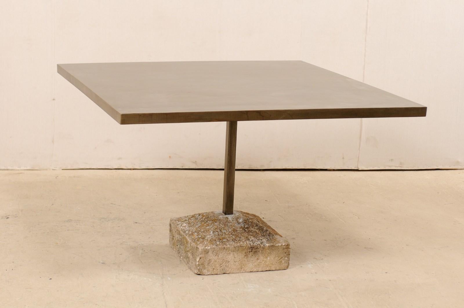 Artisan Made Custom Square Iron Top Table on Stone Plinth Base For Sale 2