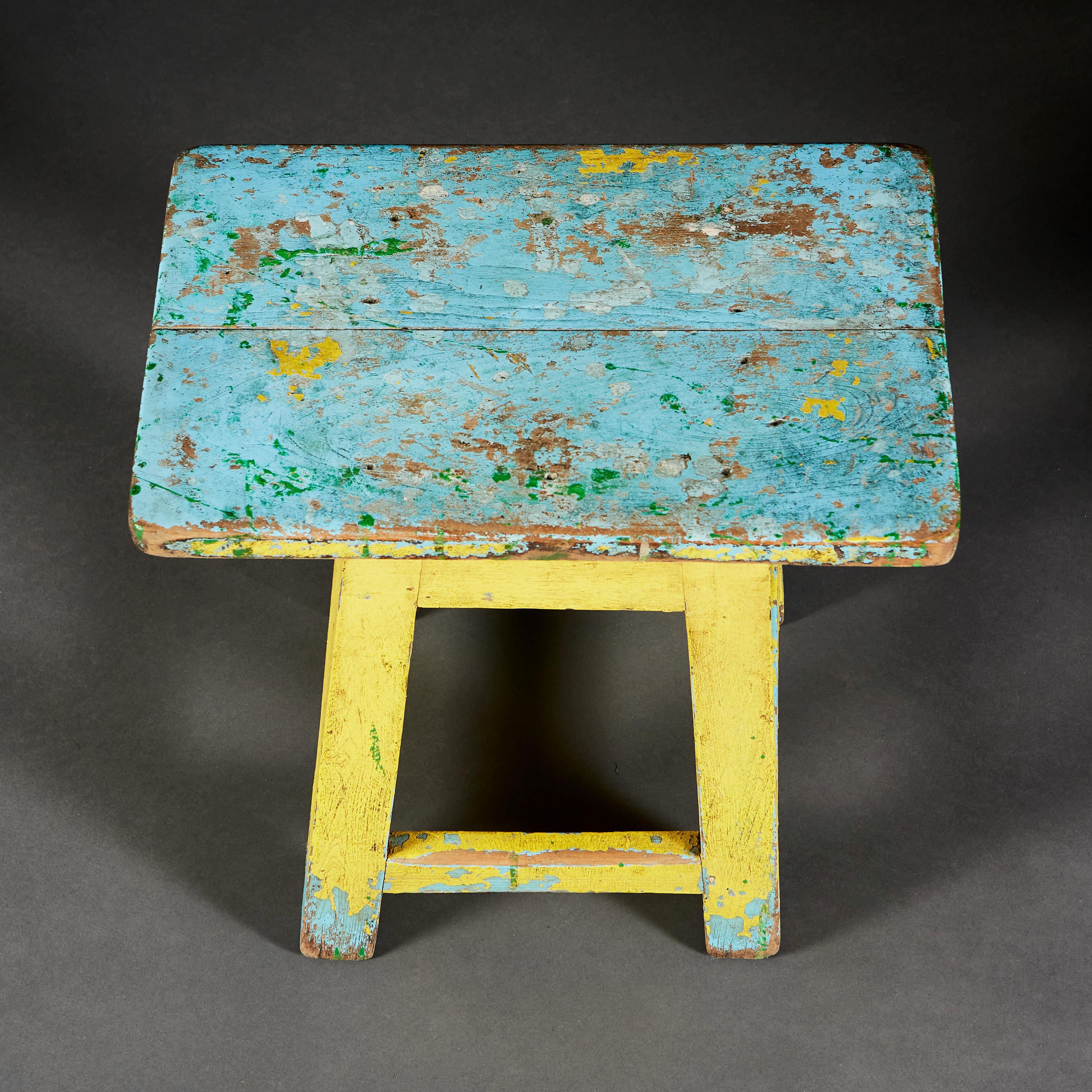 English Artist's Painting Stool in Blue and Yellow Painted Wood