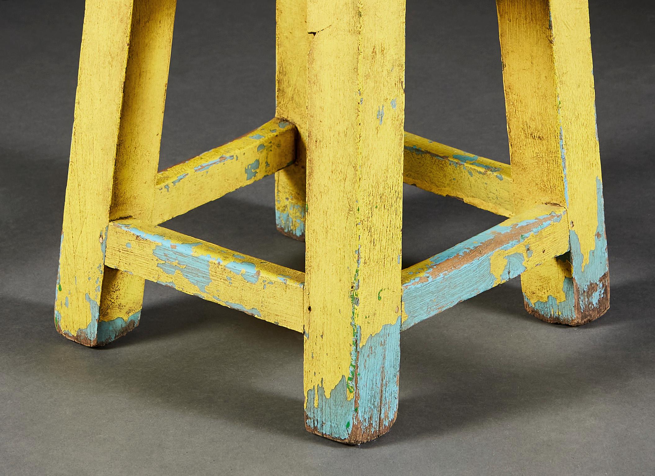 Artist's Painting Stool in Blue and Yellow Painted Wood In Distressed Condition In London, GB