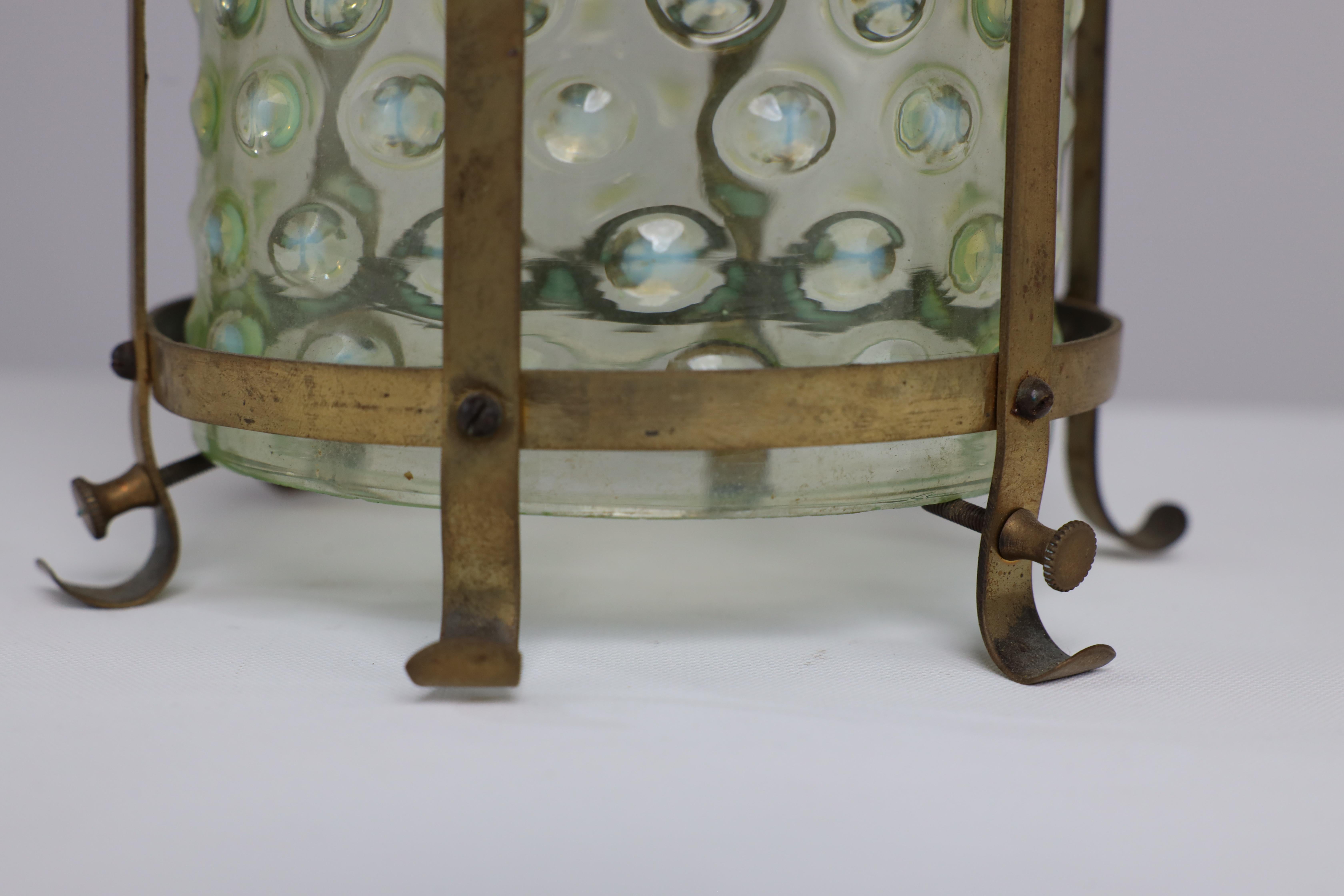An Arts and Crafts brass lantern with the original bubble Vaseline glass shade. For Sale 5