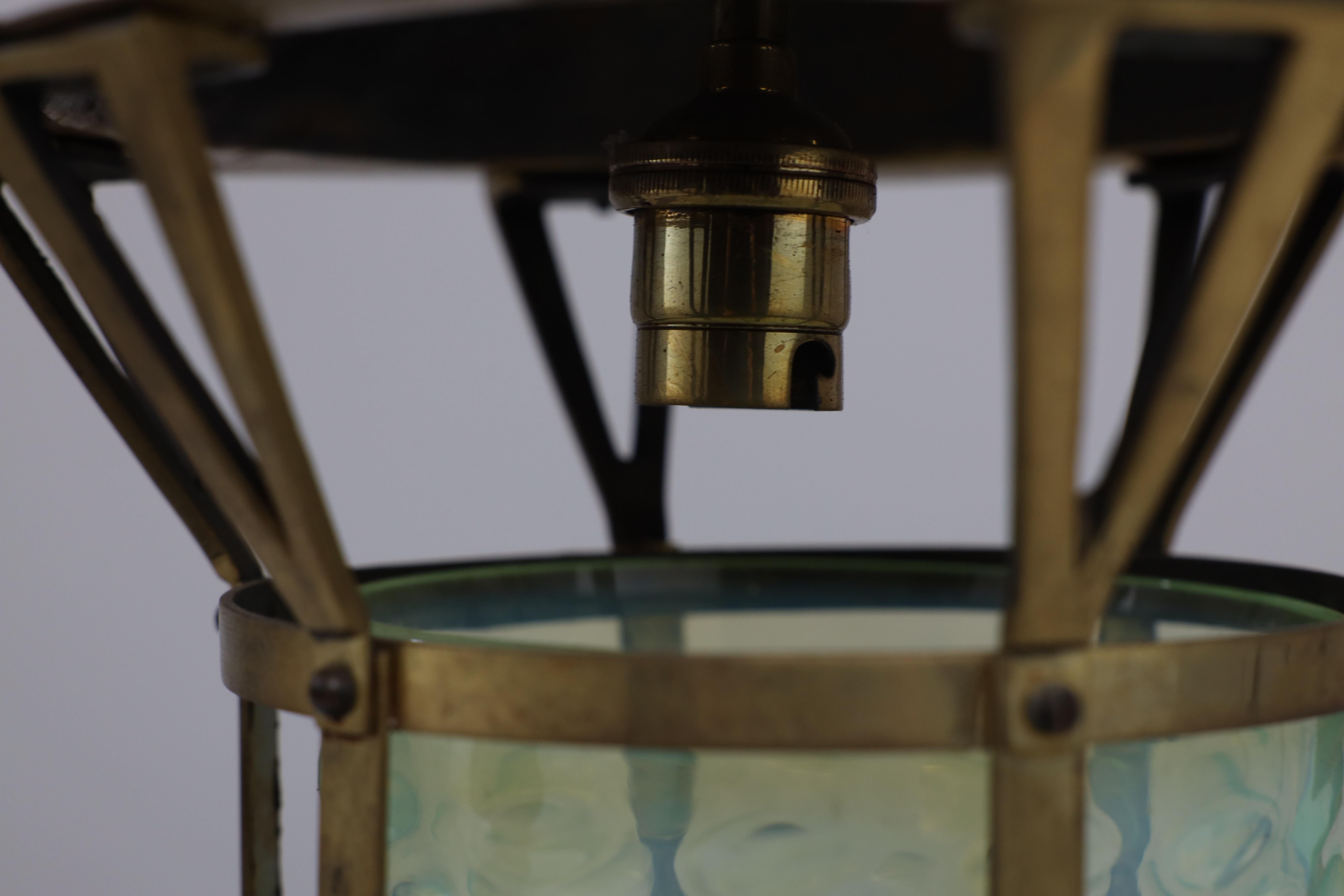 An Arts and Crafts brass lantern with the original bubble Vaseline glass shade. For Sale 4