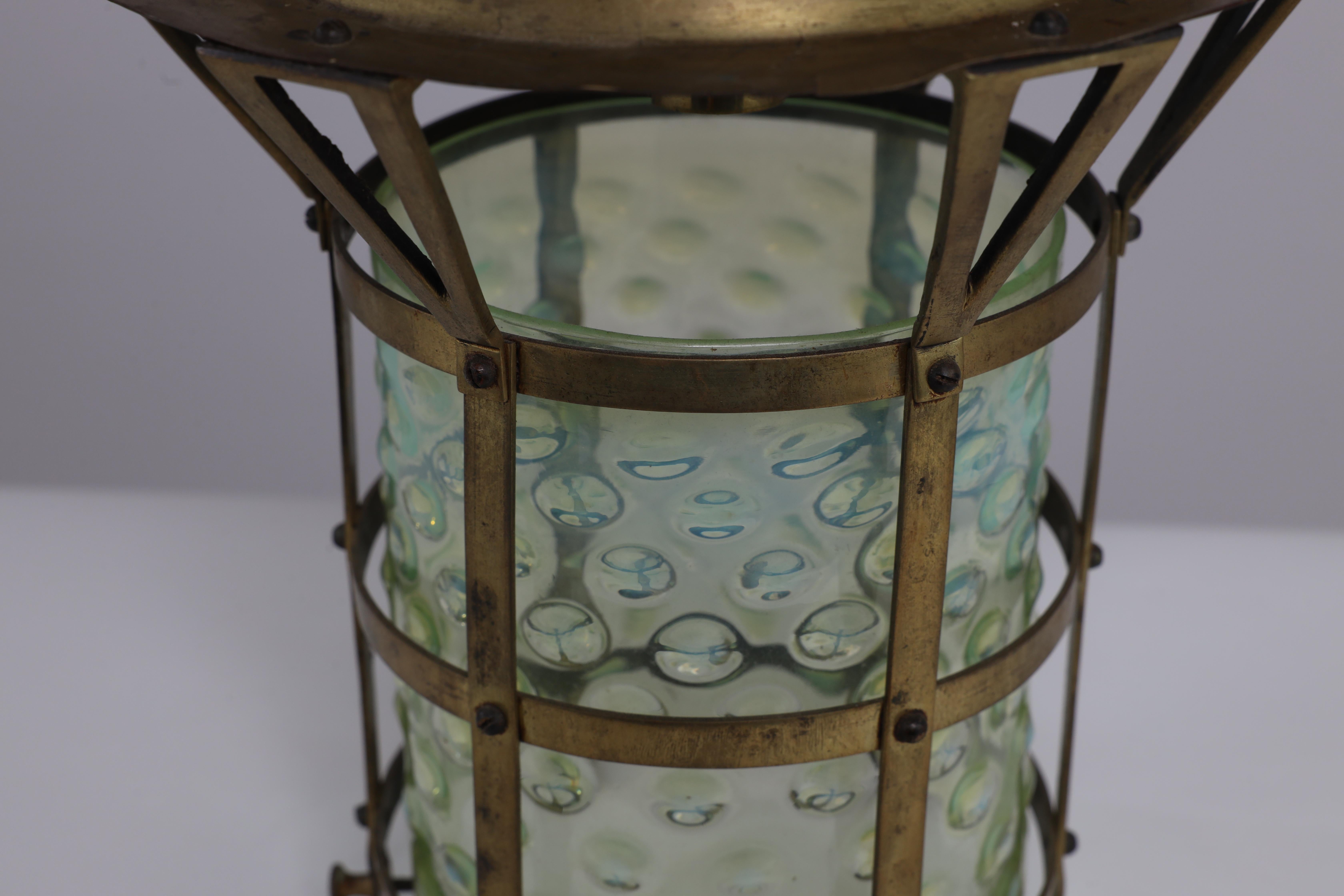 Brass An Arts and Crafts brass lantern with the original bubble Vaseline glass shade. For Sale