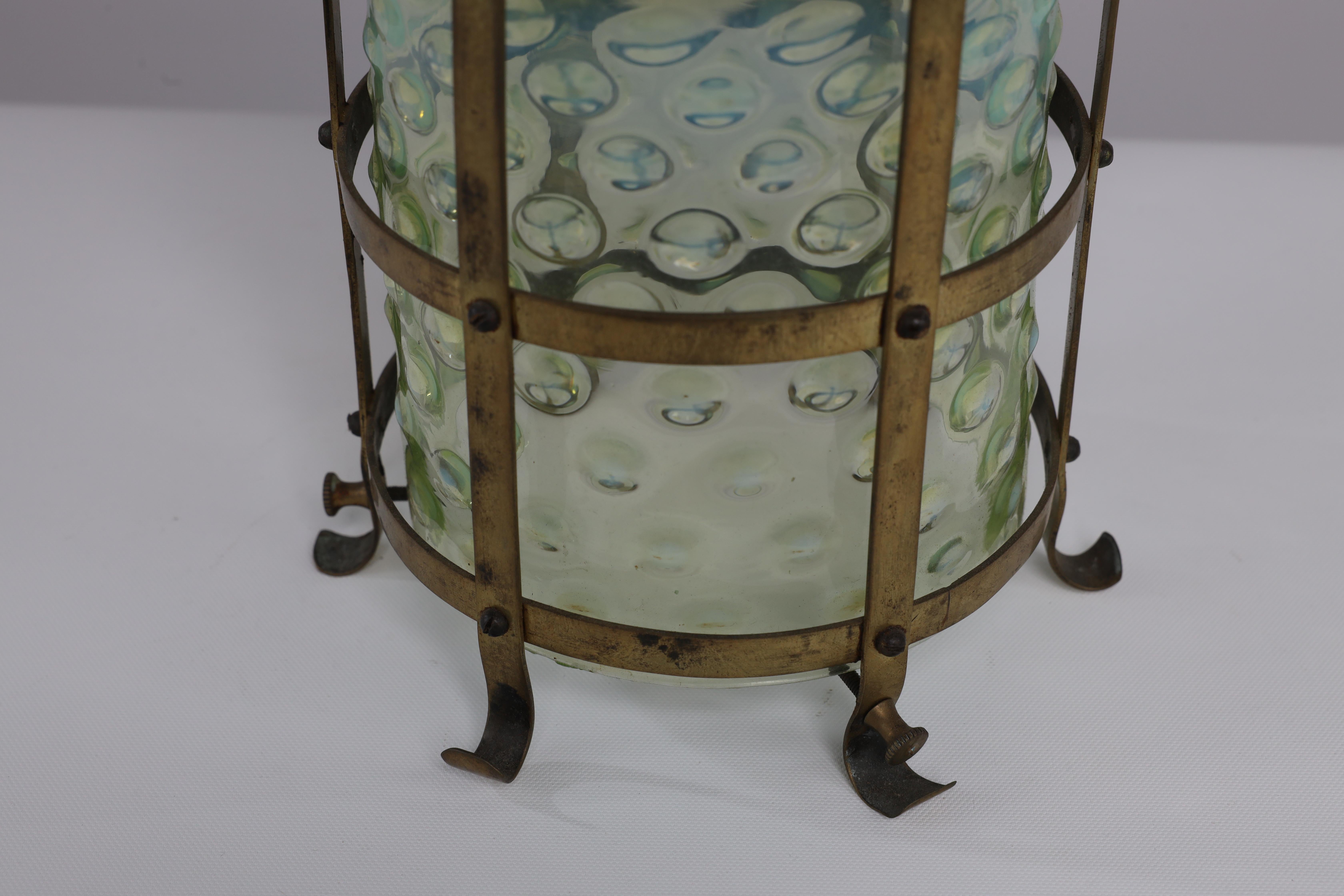 An Arts and Crafts brass lantern with the original bubble Vaseline glass shade. For Sale 1