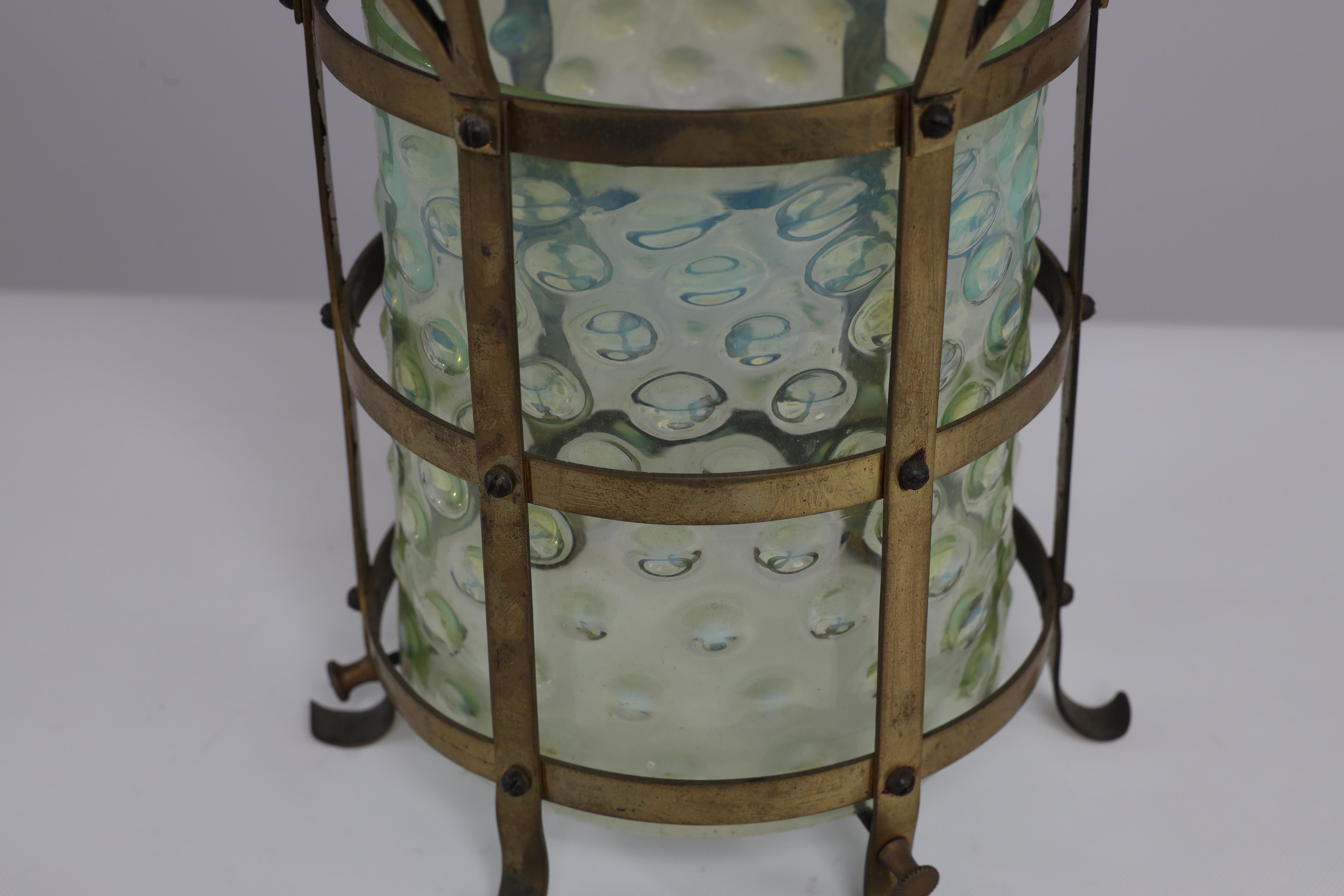 An Arts and Crafts brass lantern with the original bubble Vaseline glass shade. For Sale 2