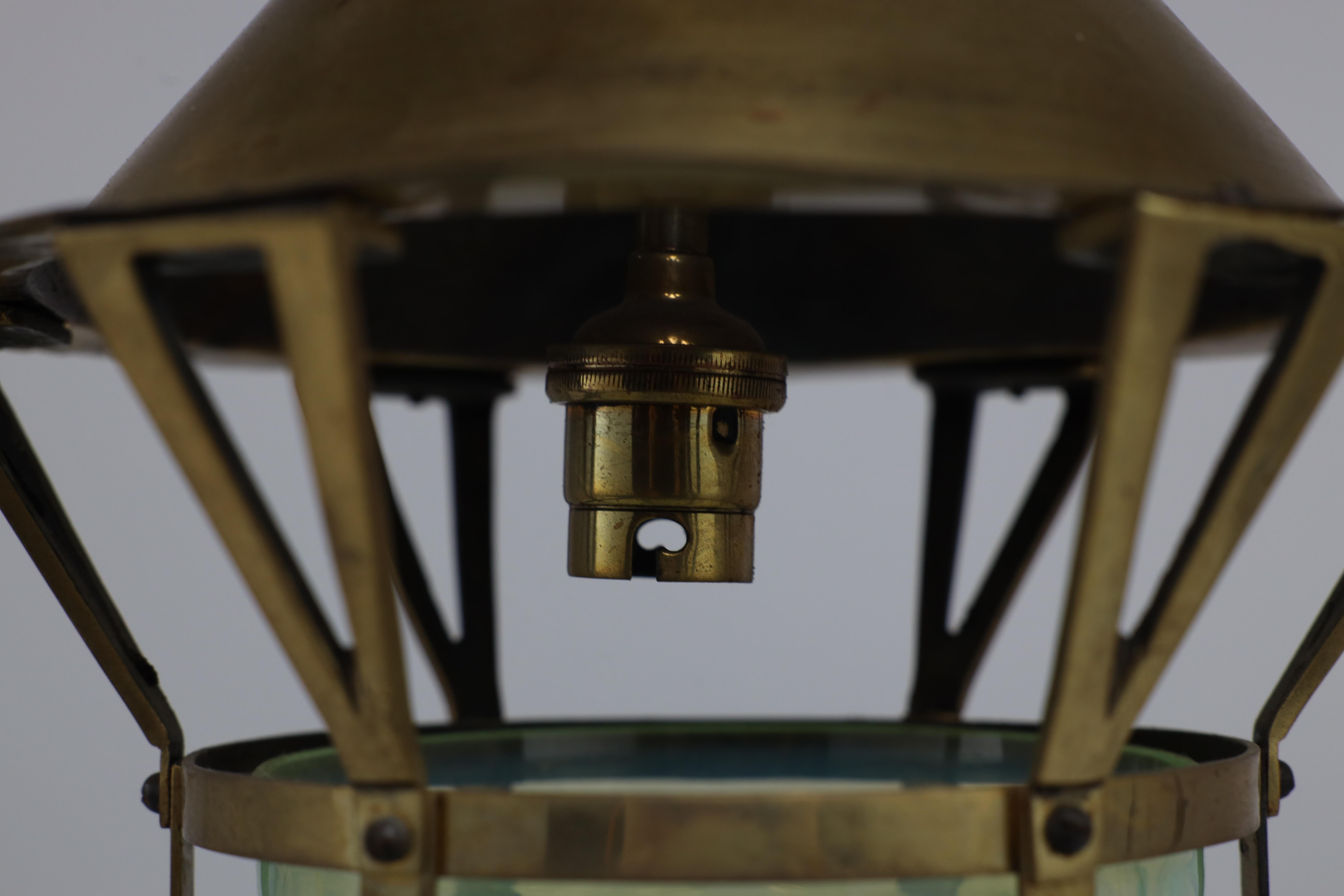 An Arts and Crafts brass lantern with the original bubble Vaseline glass shade. For Sale 3