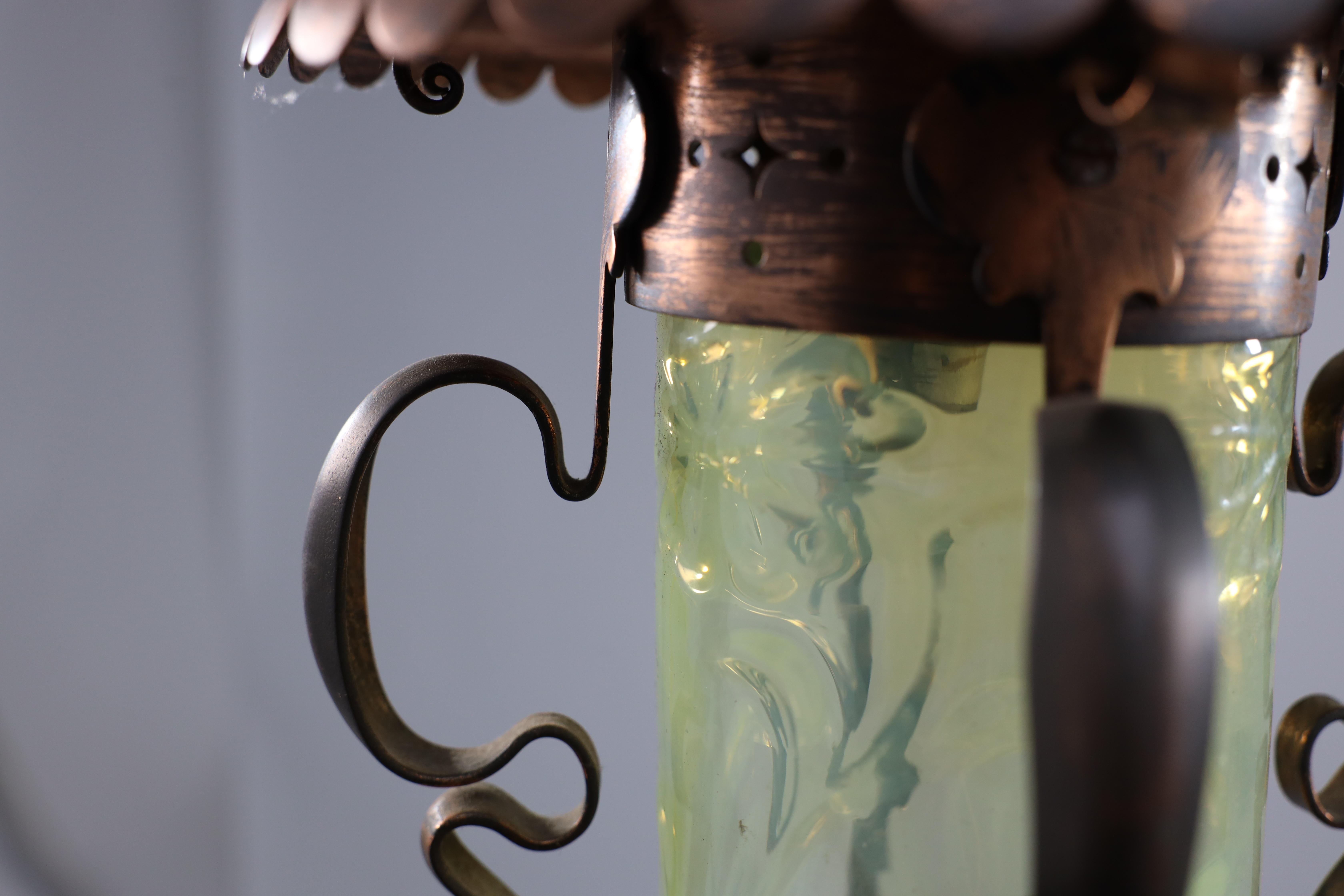 An Arts and Crafts copper & Vaseline lantern with floral flowing decoration For Sale 4