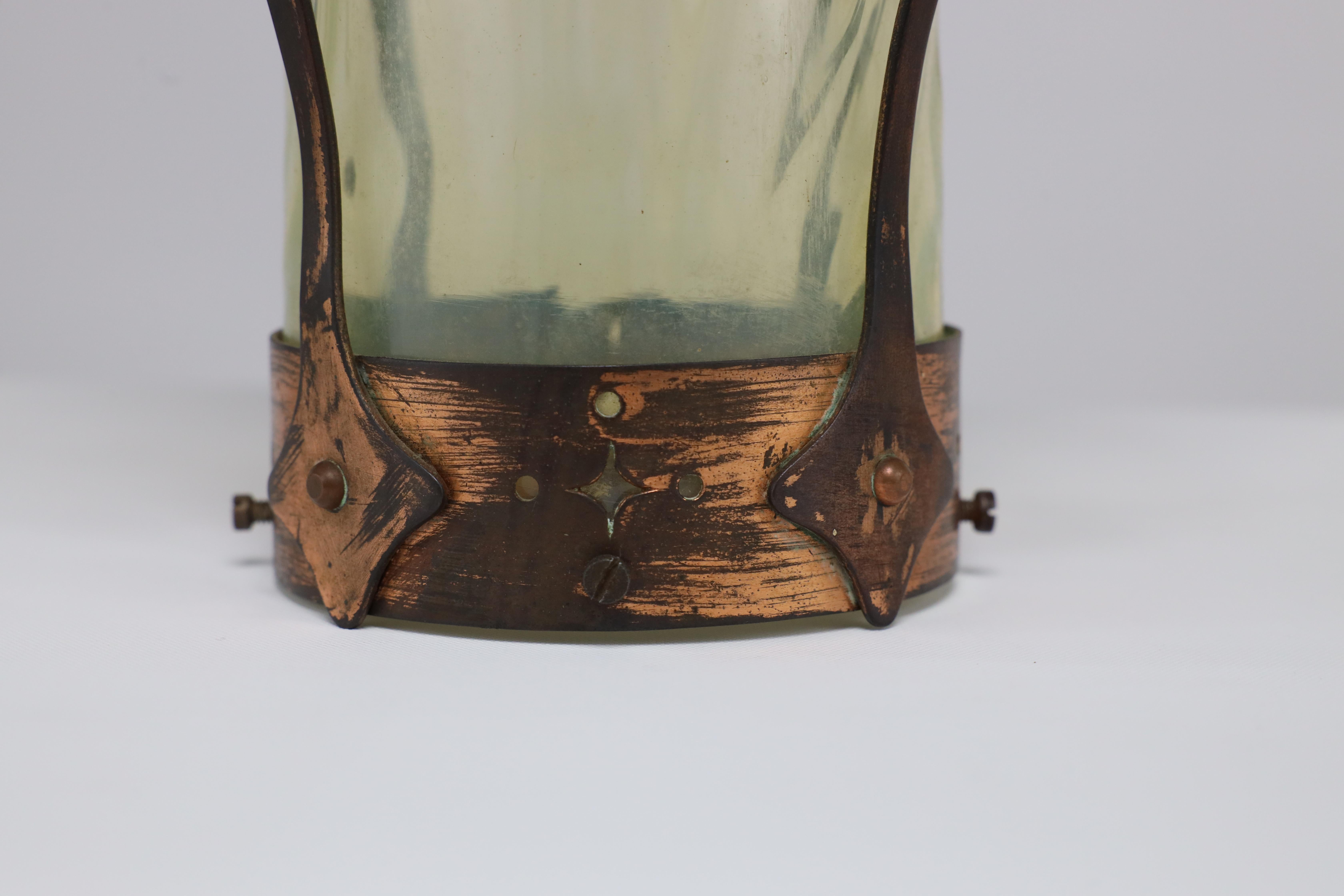 An Arts and Crafts copper & Vaseline lantern with floral flowing decoration For Sale 6