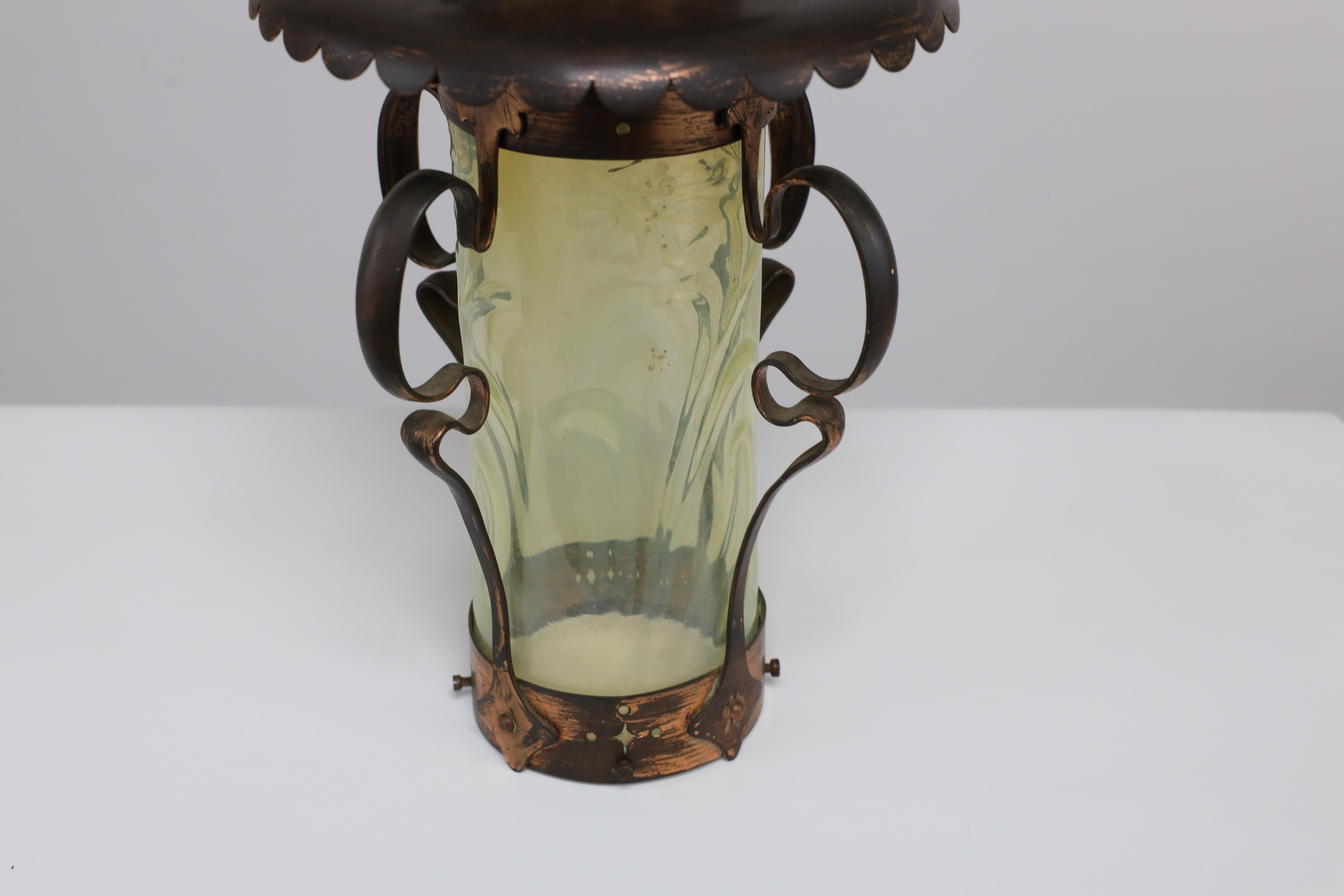 An Arts and Crafts copper & Vaseline lantern with floral flowing decoration For Sale 2