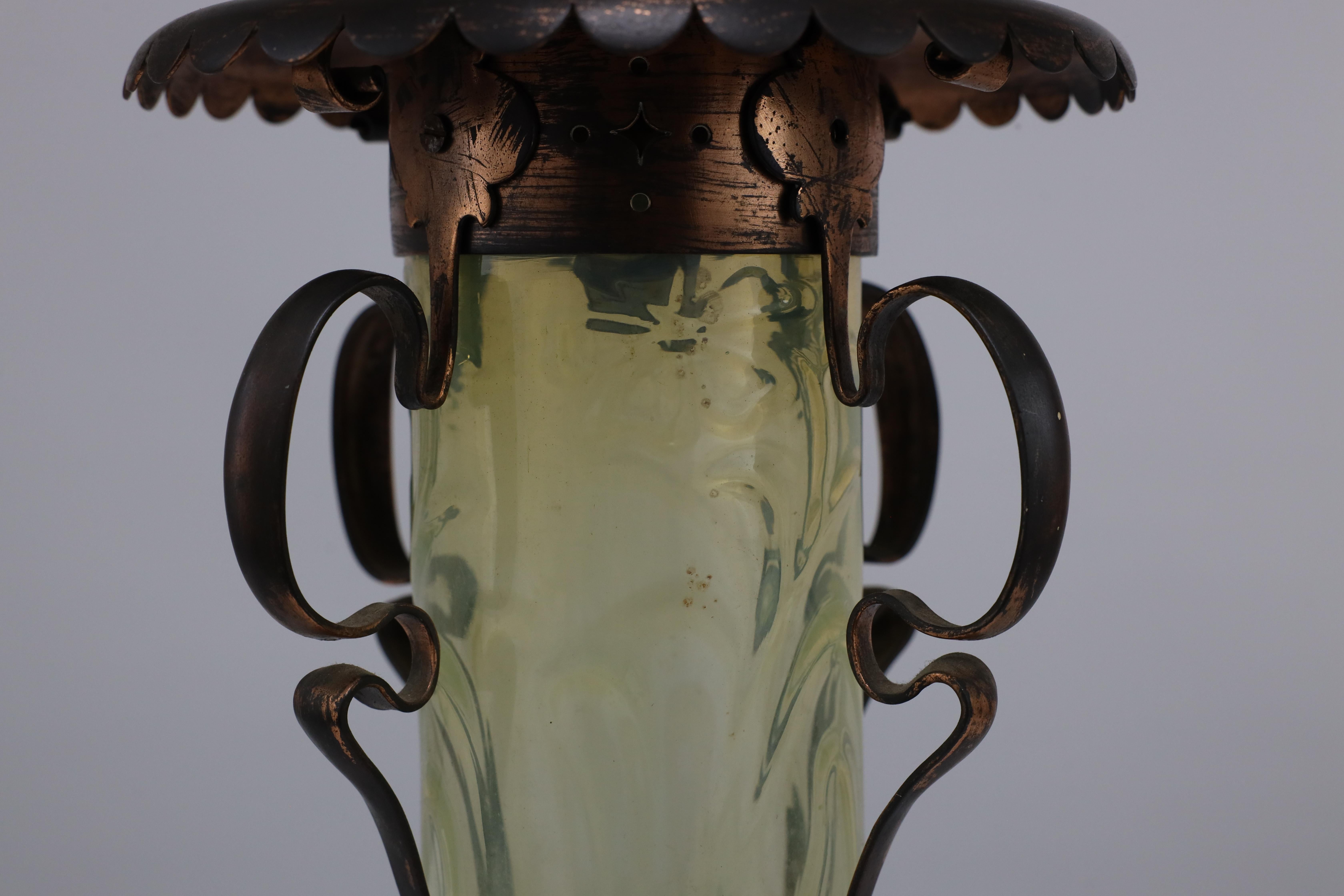An Arts and Crafts copper & Vaseline lantern with floral flowing decoration For Sale 5