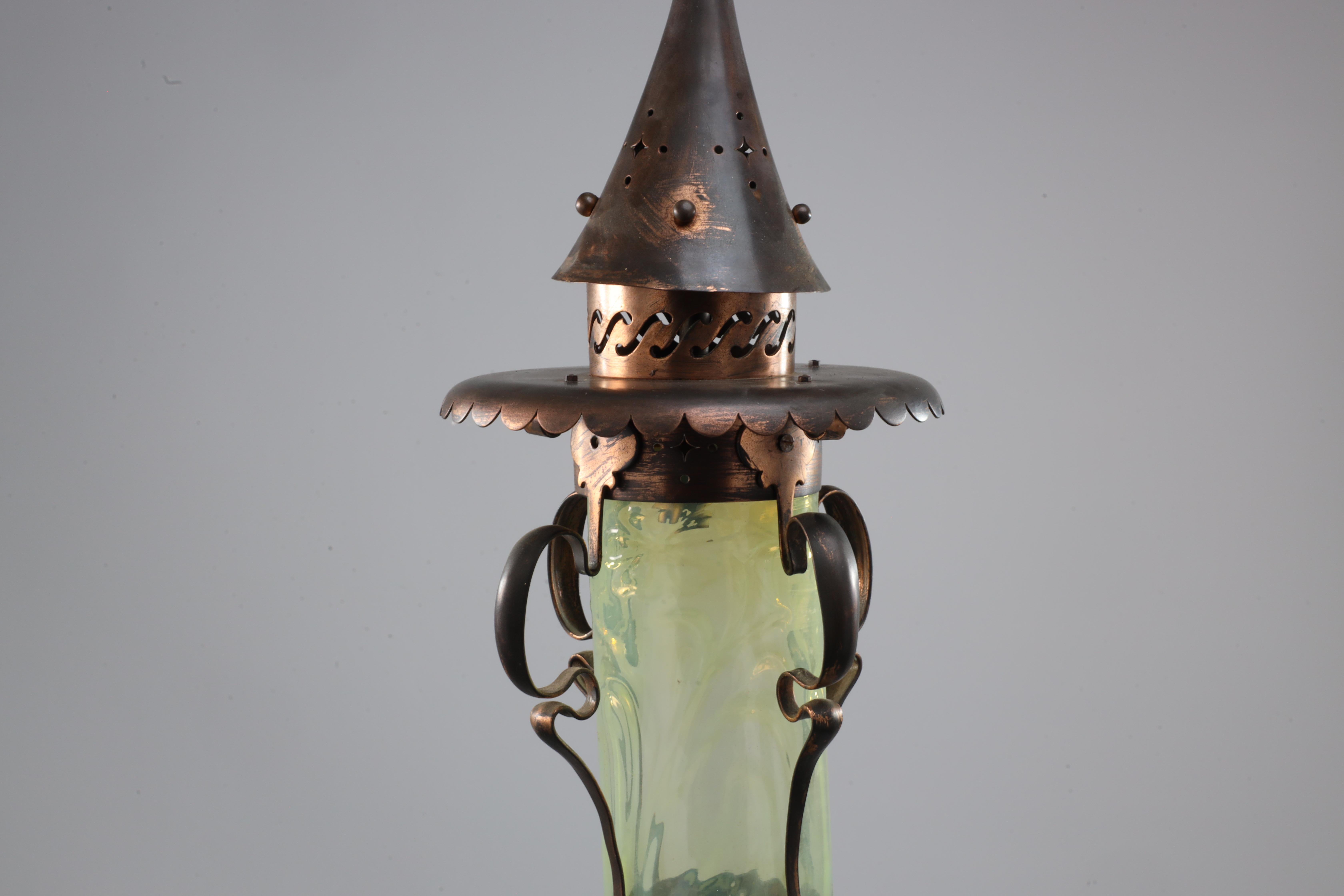 Early 20th Century An Arts and Crafts copper & Vaseline lantern with floral flowing decoration For Sale