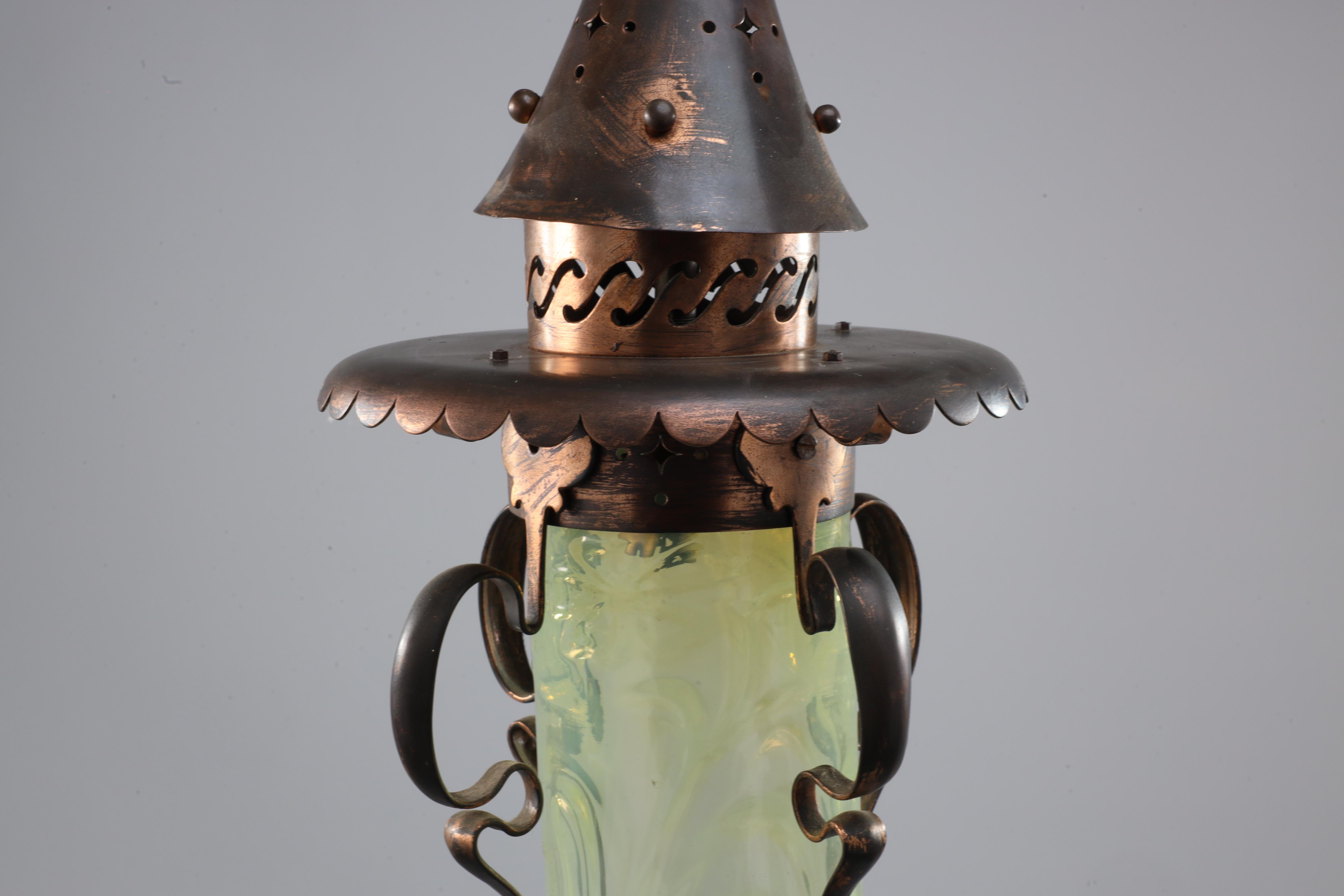 Copper An Arts and Crafts copper & Vaseline lantern with floral flowing decoration For Sale