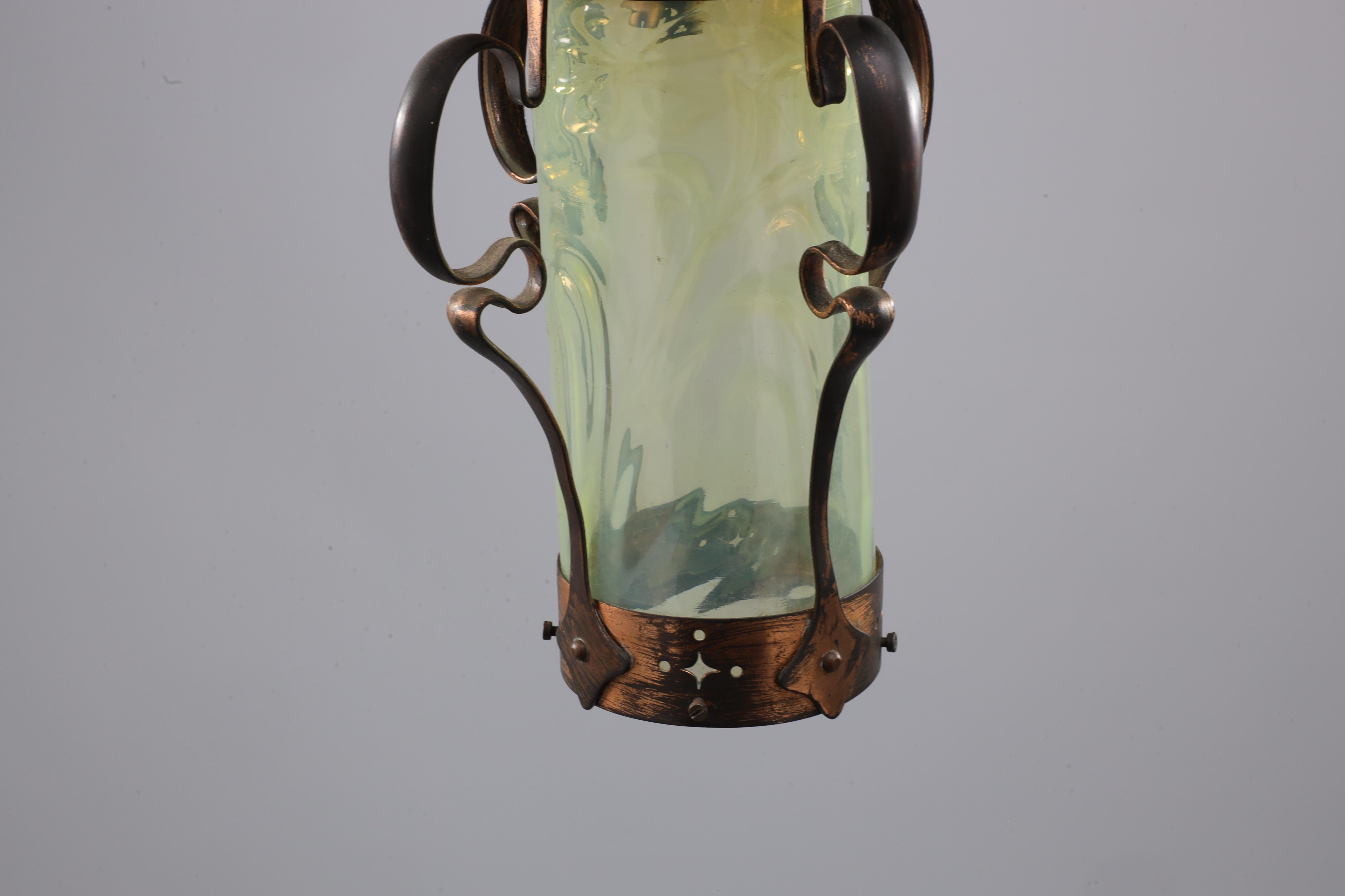 An Arts and Crafts copper & Vaseline lantern with floral flowing decoration For Sale 3