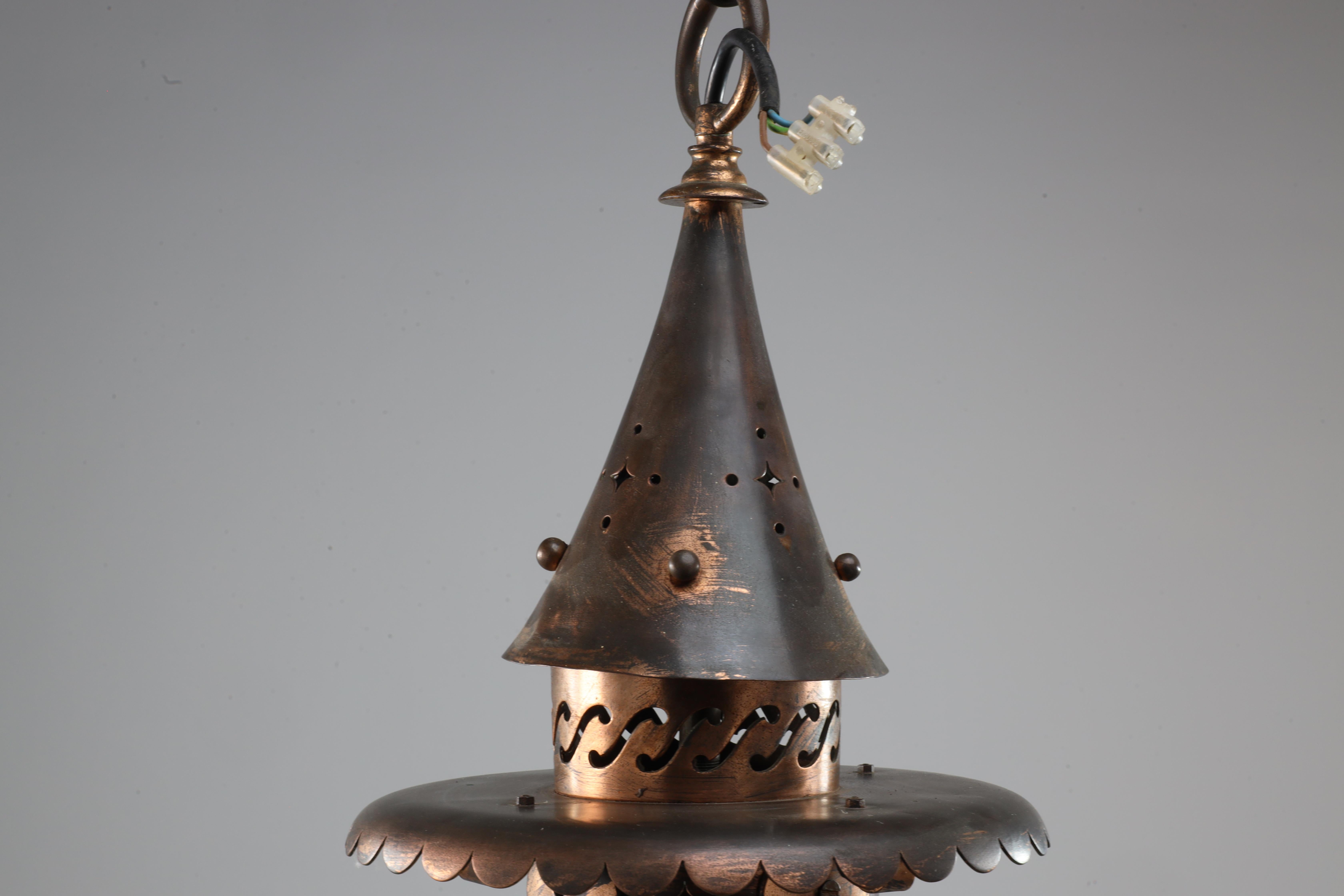 English An Arts and Crafts copper & Vaseline lantern with floral flowing decoration For Sale