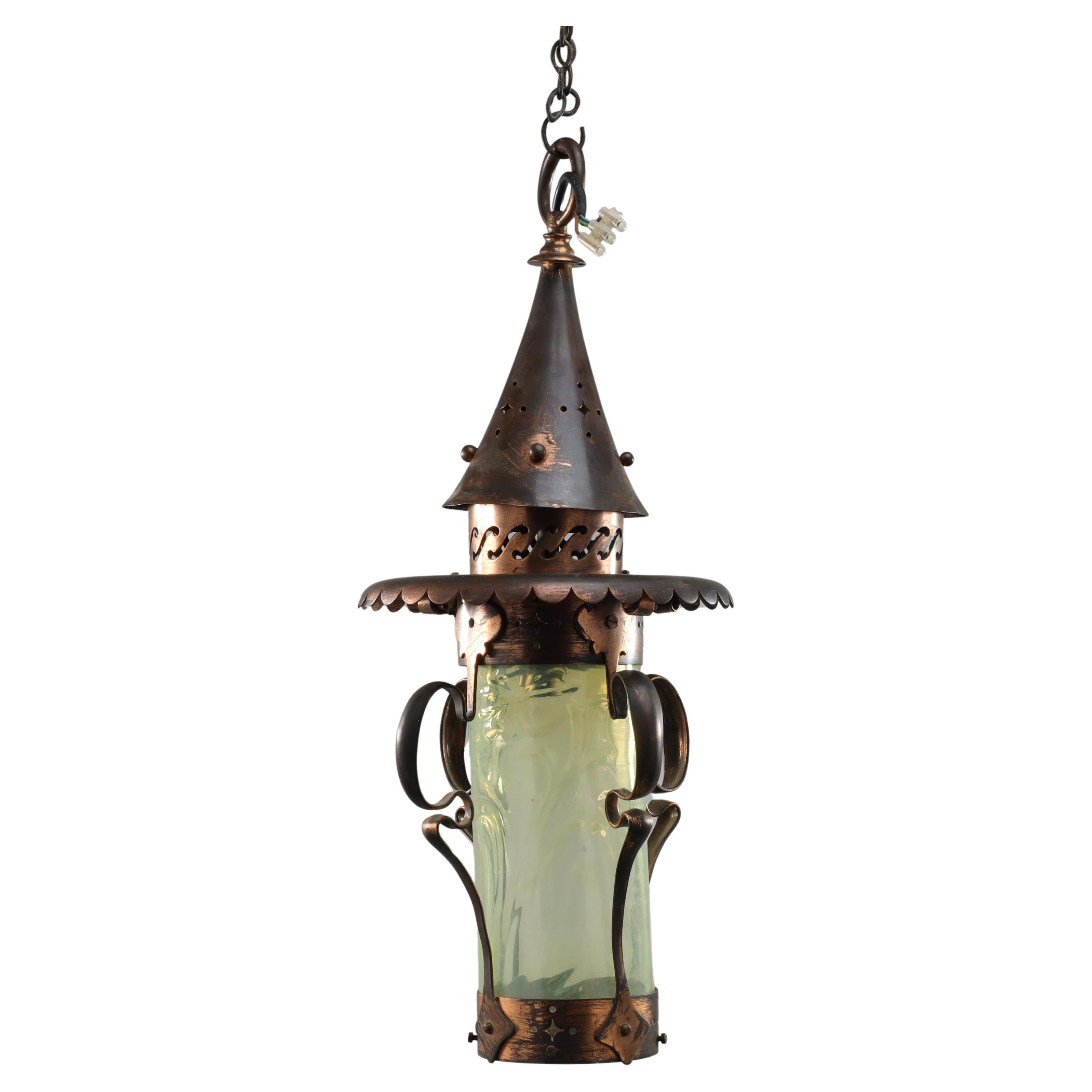 An Arts and Crafts copper & Vaseline lantern with floral flowing decoration For Sale