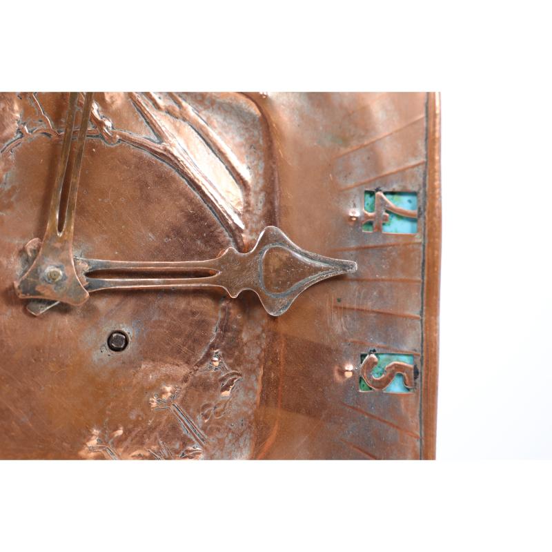An Arts and Crafts hand formed copper and turquoise blue enamel wall clock For Sale 4