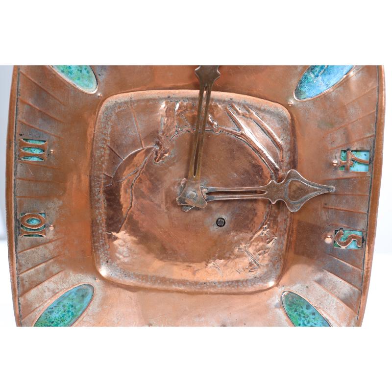 An Arts and Crafts hand formed copper and turquoise blue enamel wall clock For Sale 7