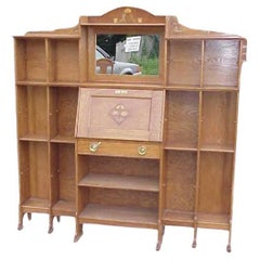 An Arts and Crafts Oak Bureau Bookcase with Beautiful Stylised Floral Inlays