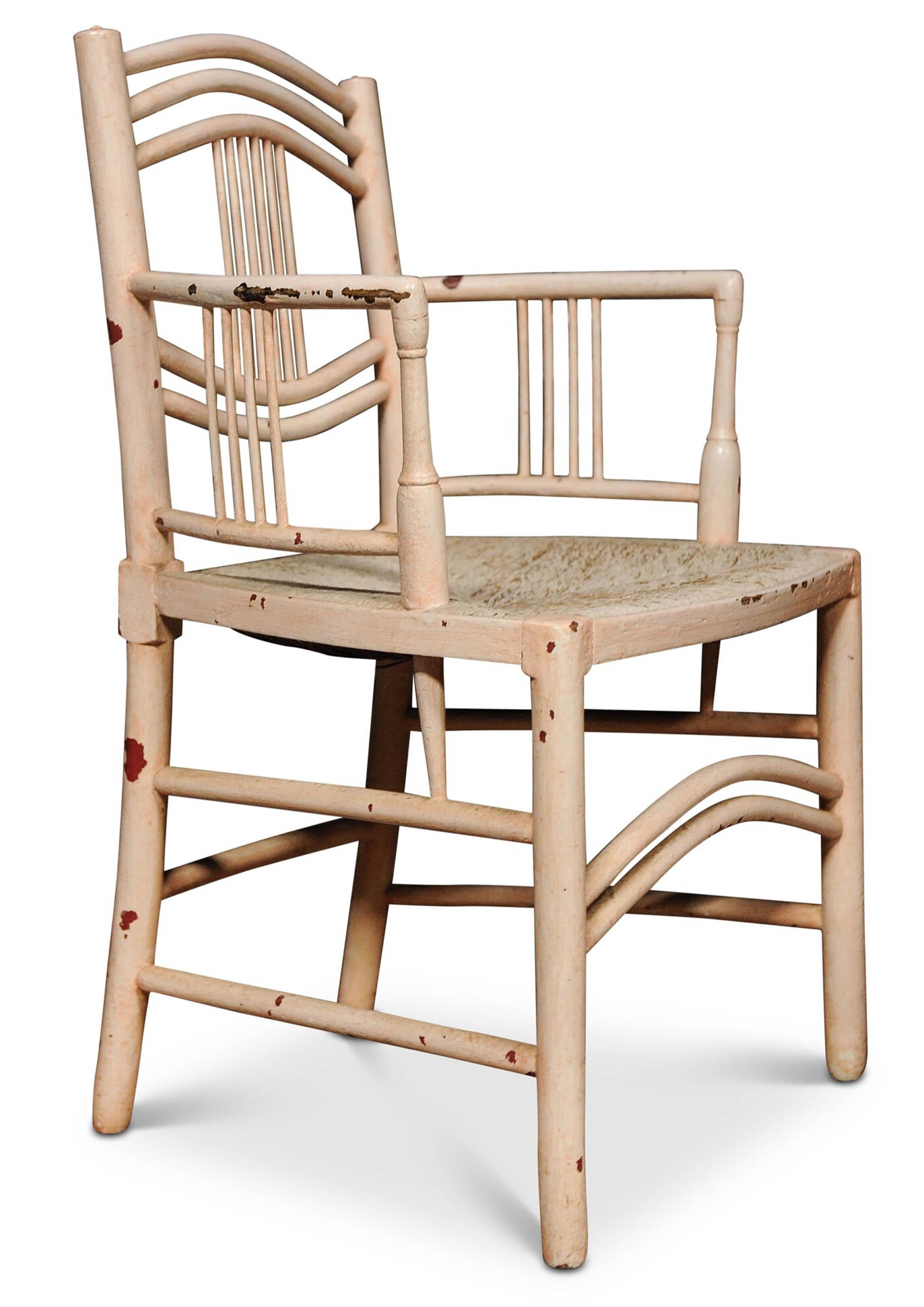 Hand-Crafted A William Morris Style Painted Sussex Armchair With Rush Seat For Sale