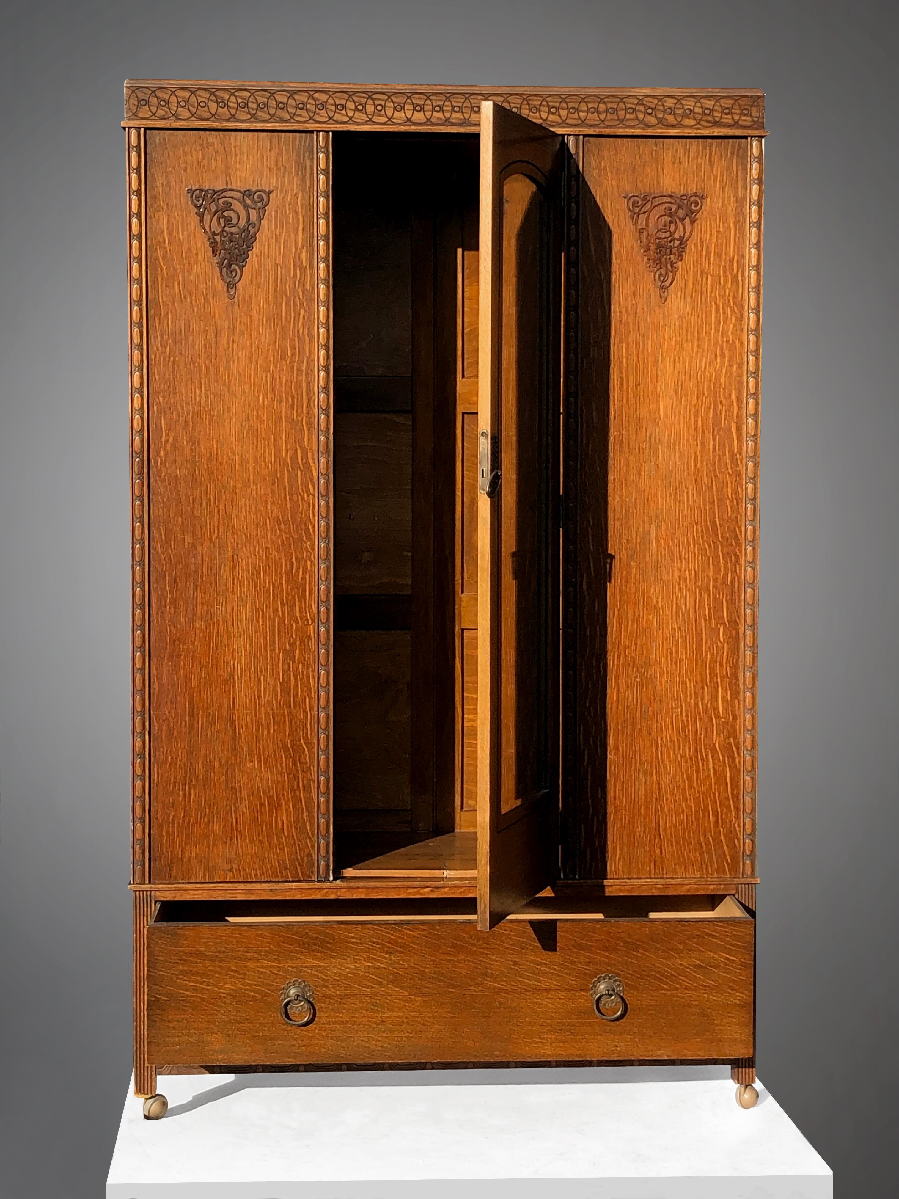 Wood An ARTS & CRAFTS / ART NOUVEAU Wardrobe CABINET by HARRIS LEBUS, England 1900 For Sale