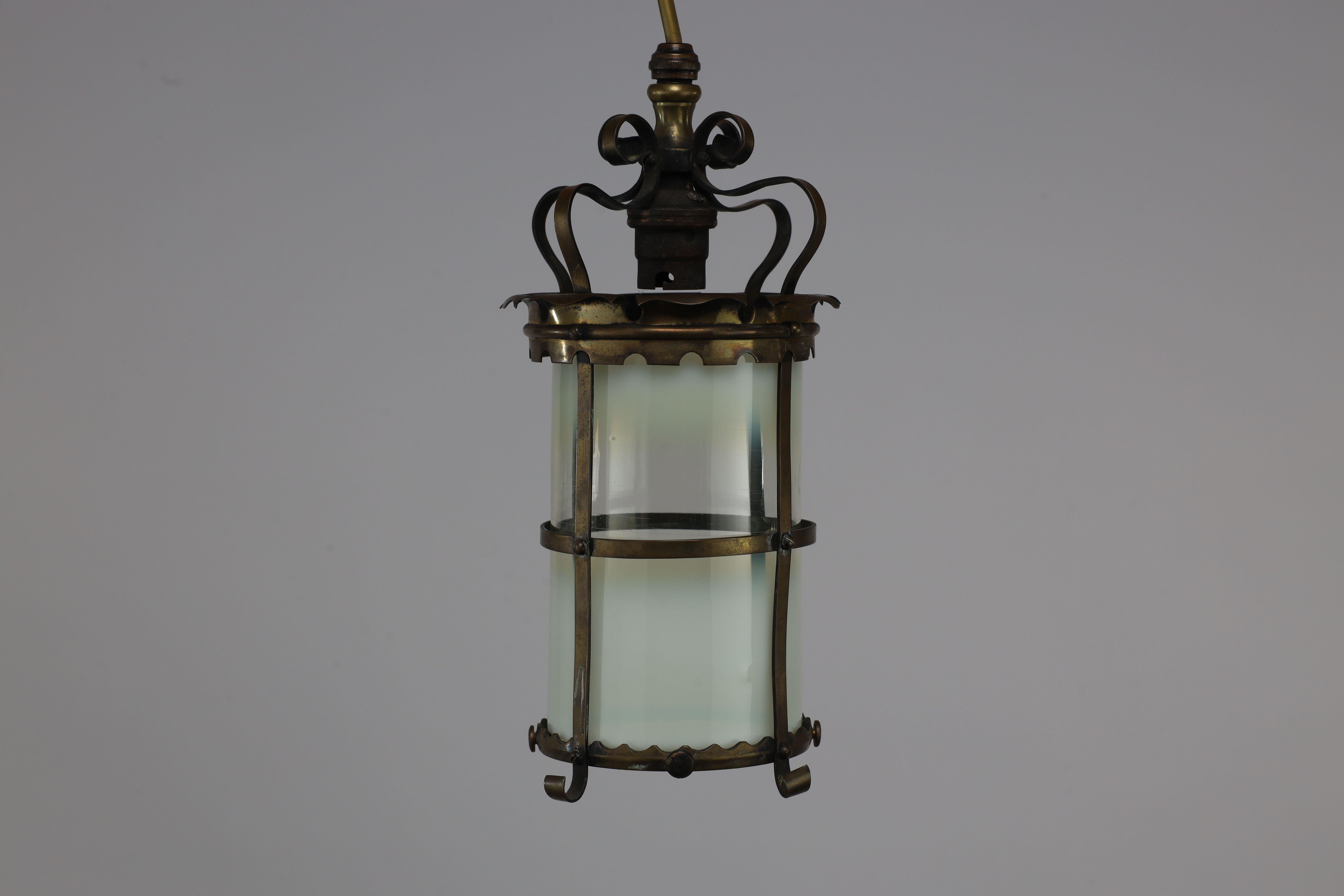 Arts and Crafts An Arts & Crafts brass ceiling lantern with the original vaseline shade