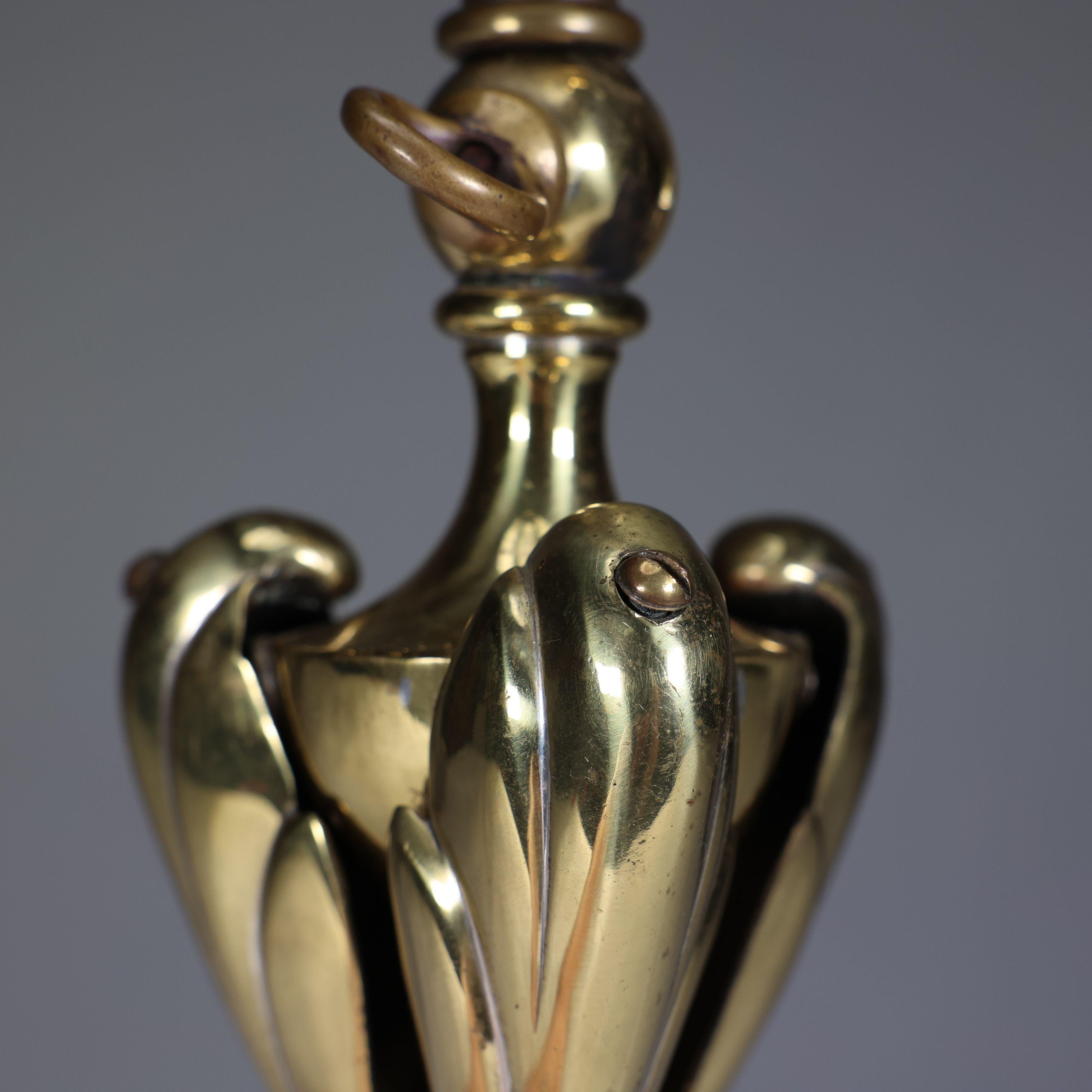 An Arts & Crafts brass table lamp tulip shaped with heart cut-outs to the base For Sale 4