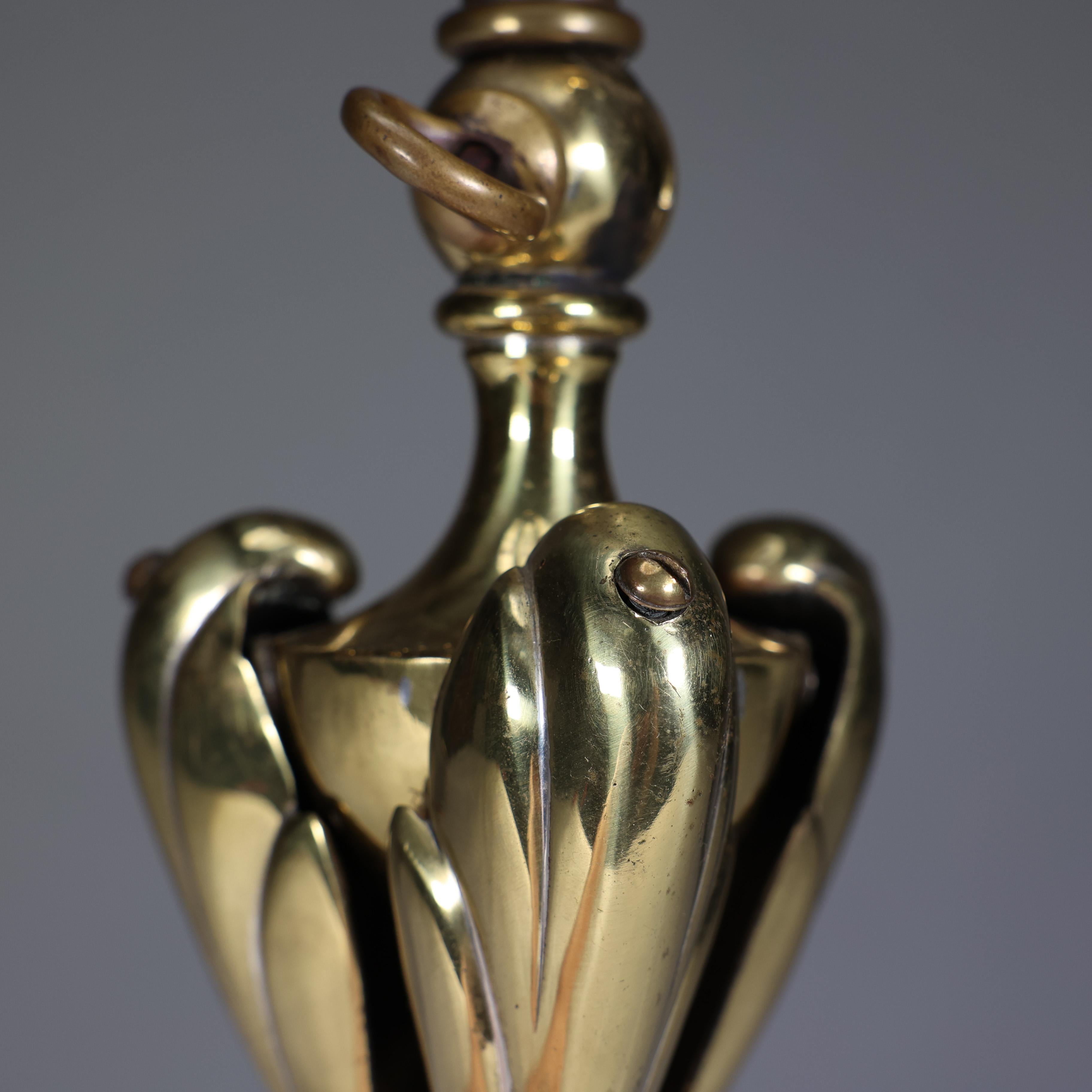 An Arts & Crafts brass table lamp tulip shaped with heart cut-outs to the base For Sale 5