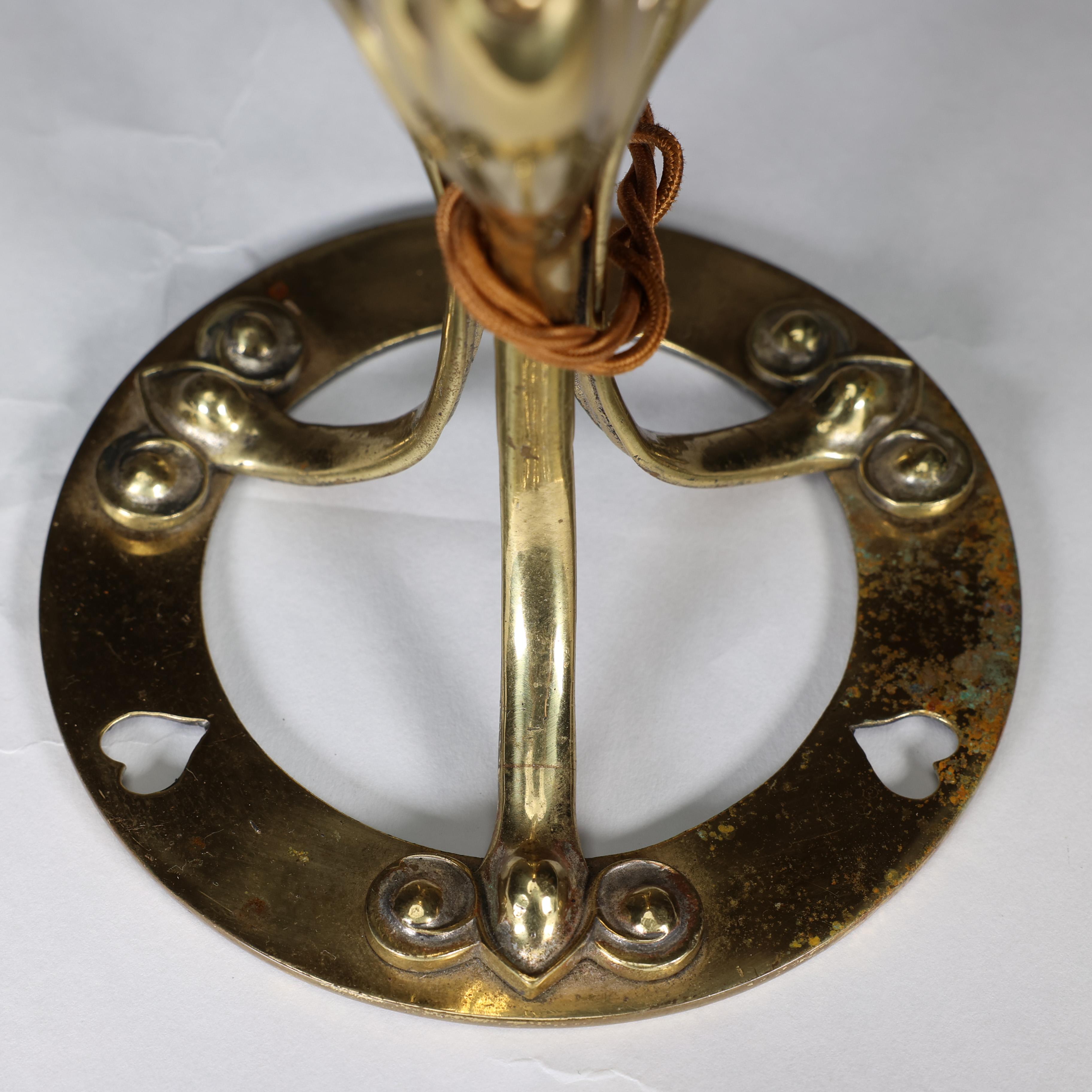 An Arts & Crafts brass table lamp tulip shaped with heart cut-outs to the base For Sale 7