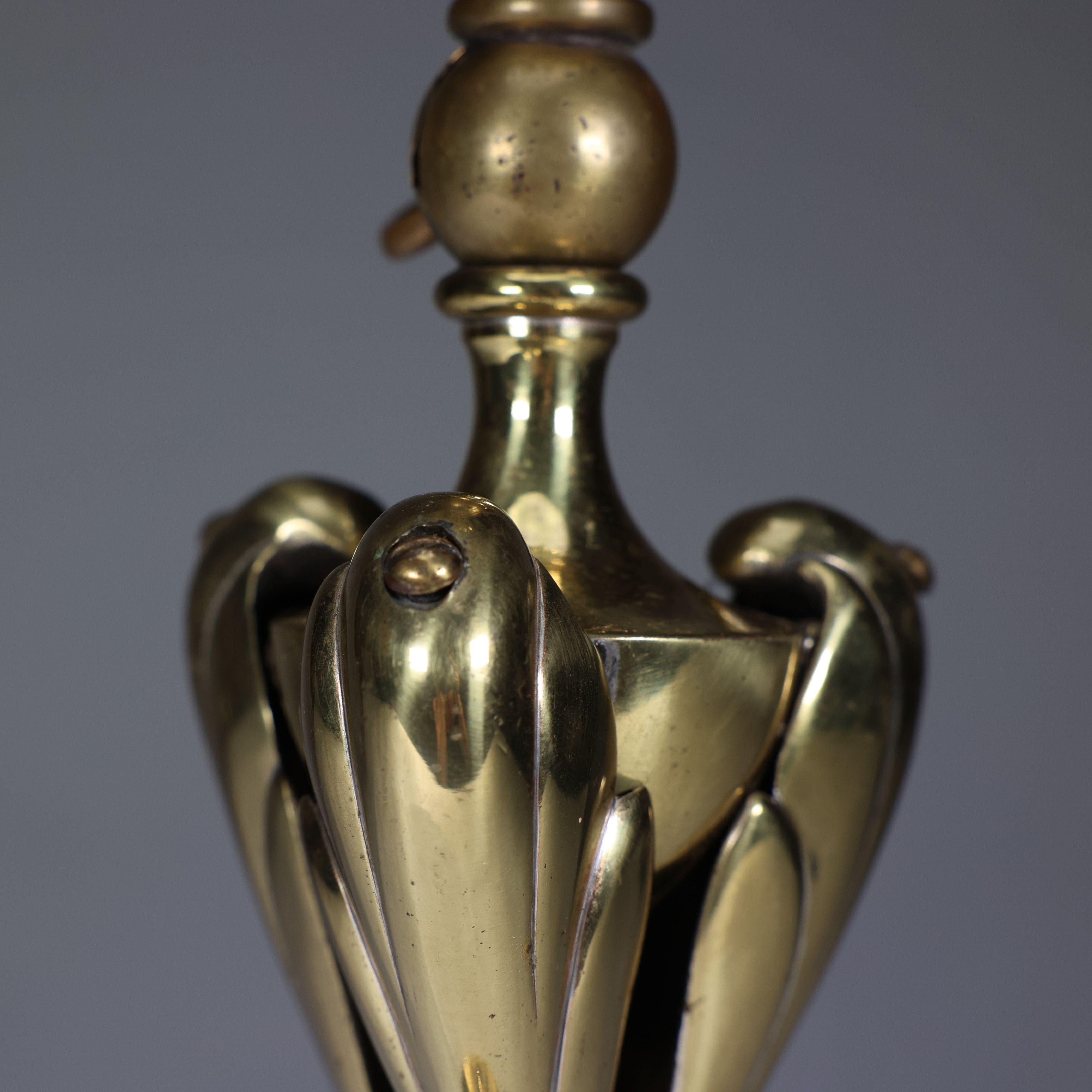 An Arts & Crafts brass table lamp tulip shaped with heart cut-outs to the base For Sale 2