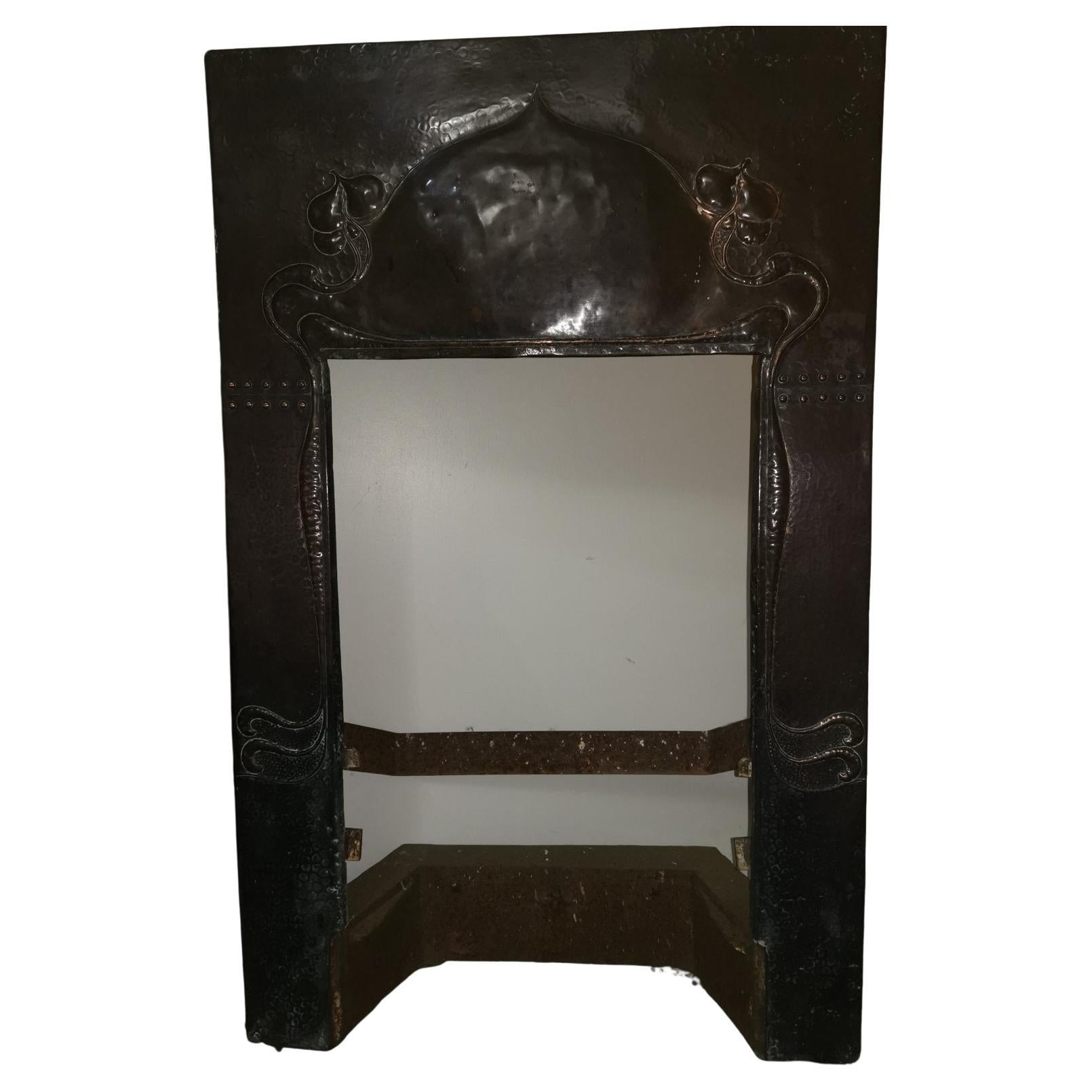 Arts & Crafts Copper Fire Insert with Hand Crafted Stylized Floral Decoration For Sale