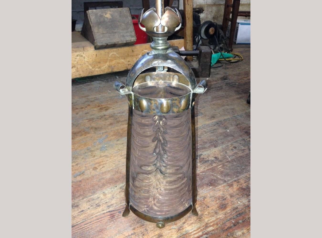 Arts and Crafts Arts & Crafts Copper Lantern Retaining the Original Ribbed Style Opaque Shade For Sale