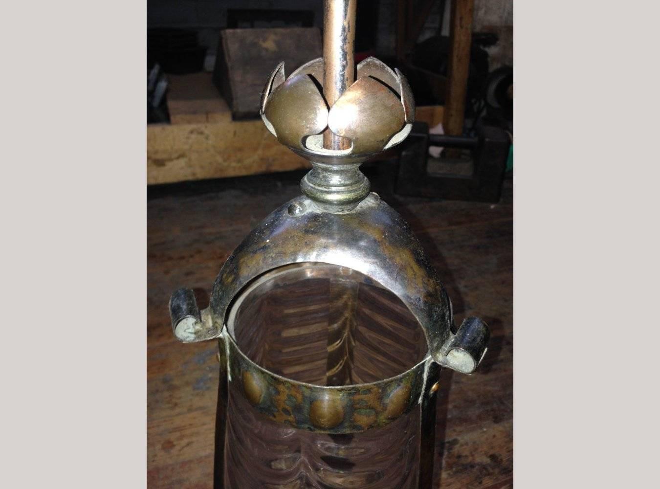 Arts & Crafts Copper Lantern Retaining the Original Ribbed Style Opaque Shade In Good Condition For Sale In London, GB