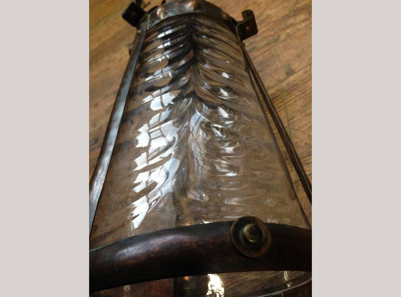 20th Century Arts & Crafts Copper Lantern Retaining the Original Ribbed Style Opaque Shade For Sale