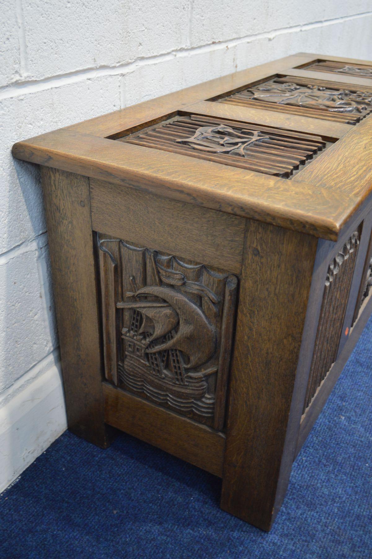 British Arts & Crafts Oak Blanket Chest Carved with King Neptune King Fish of the Sea