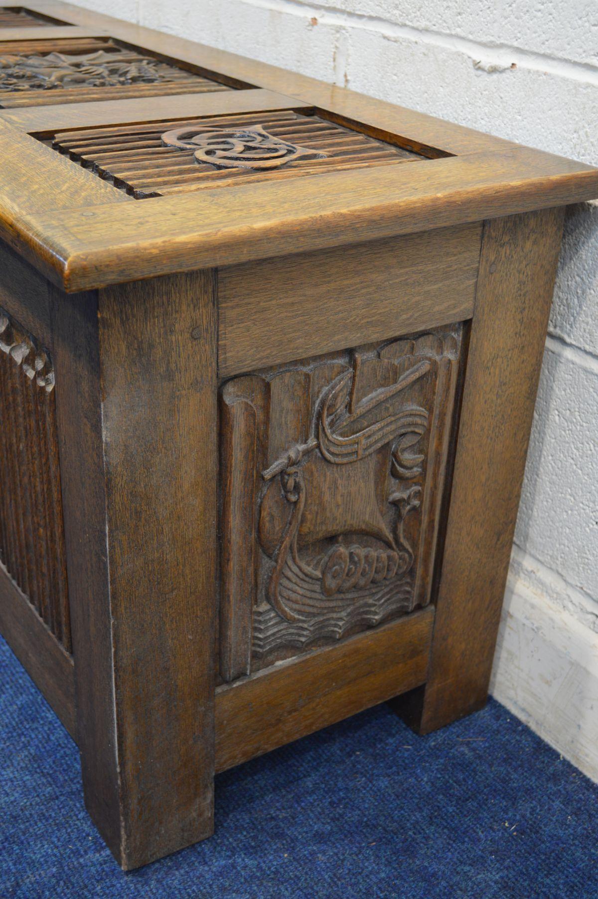 Hand-Carved Arts & Crafts Oak Blanket Chest Carved with King Neptune King Fish of the Sea