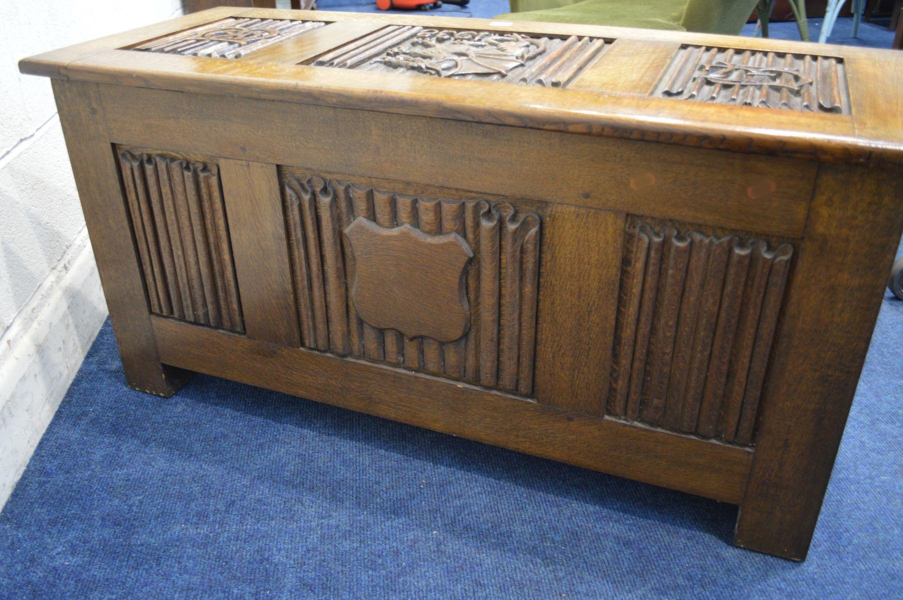 Mid-20th Century Arts & Crafts Oak Blanket Chest Carved with King Neptune King Fish of the Sea