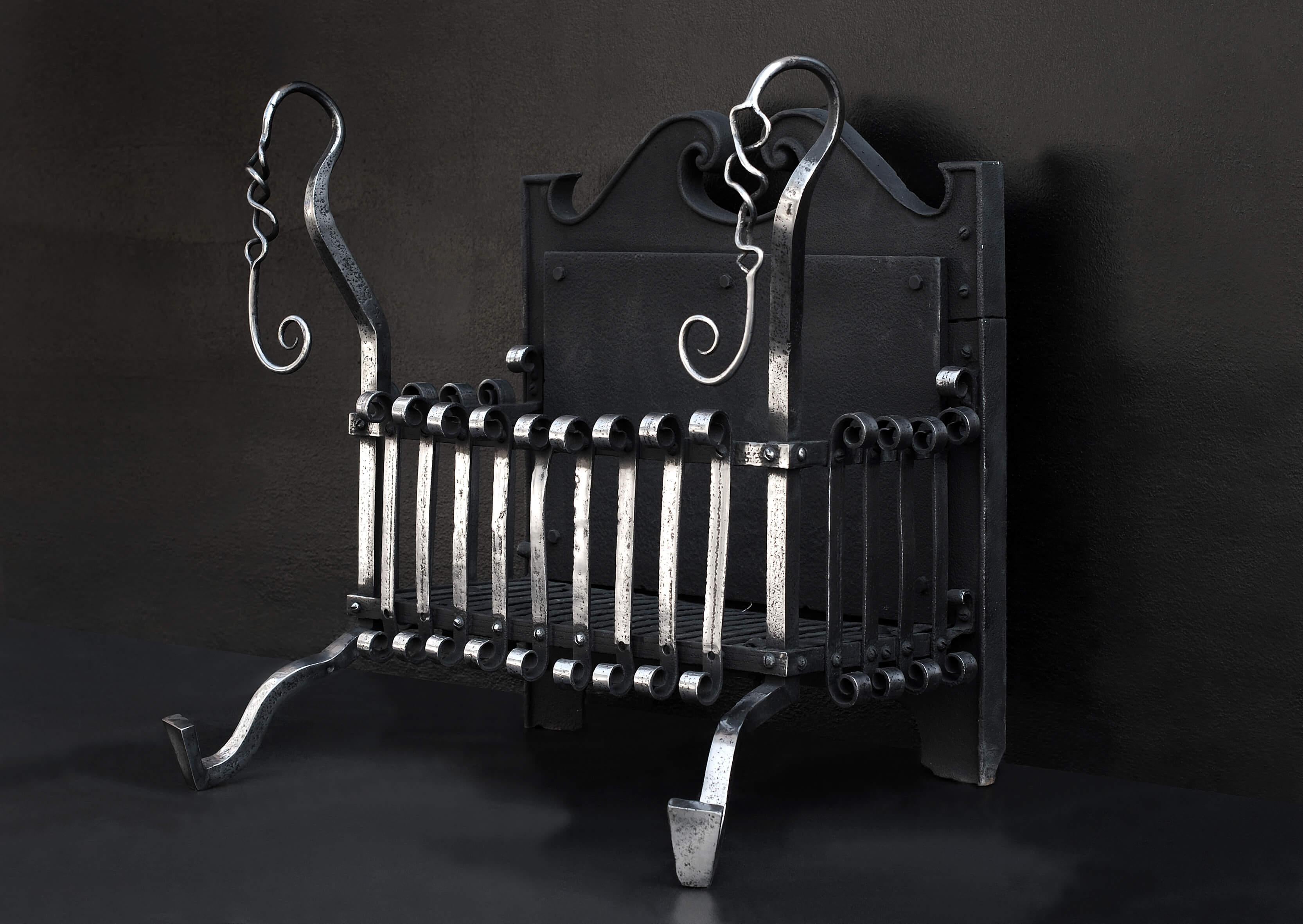 English Arts & Crafts Polished Wrought Iron Firegrate For Sale