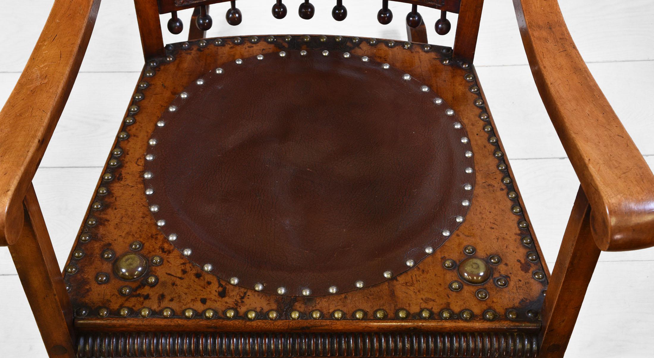 19th Century Arts & Crafts Rocking Chair with Embossed Leather Panels