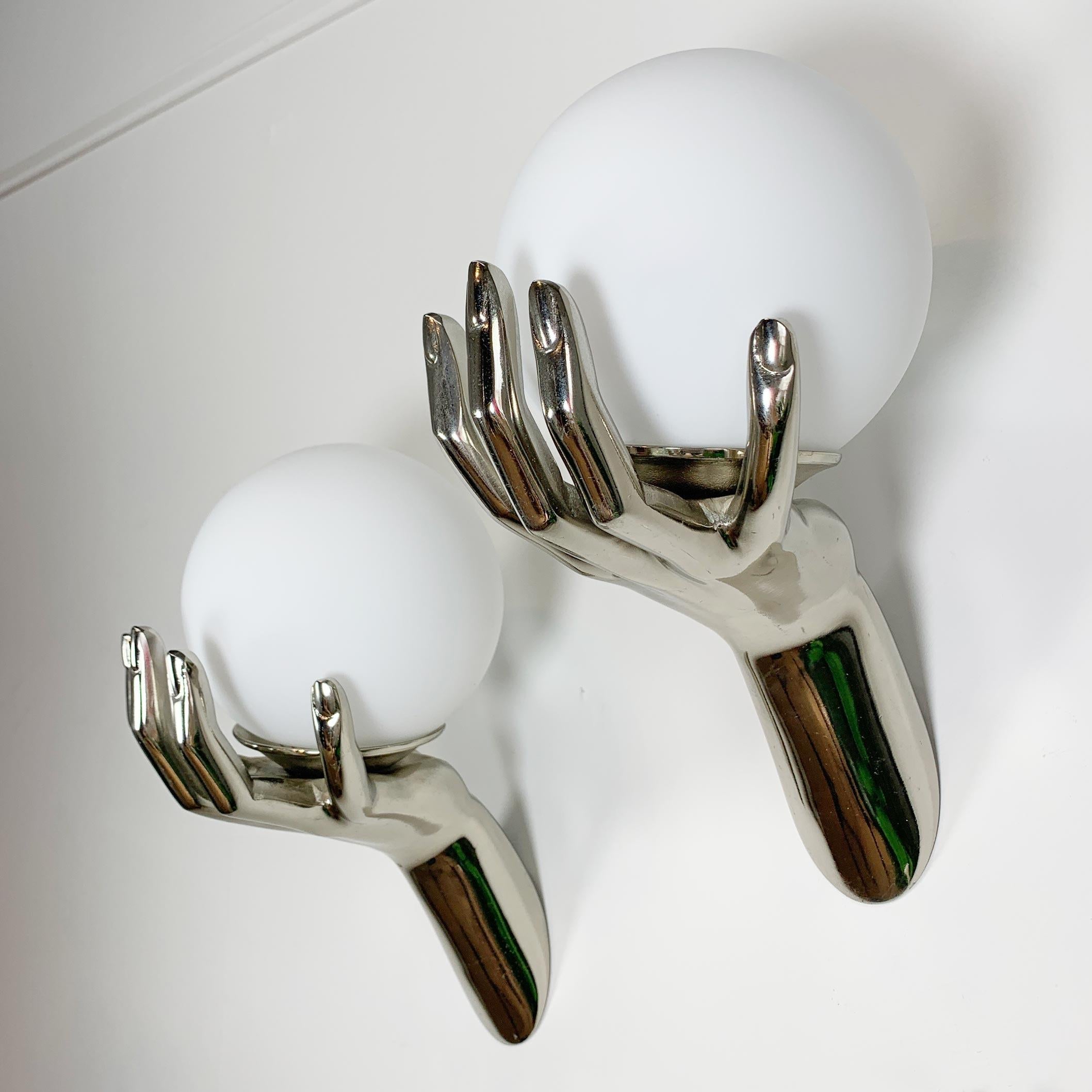 Pair of 1970's Maison Arlus Silver Hand Wall Sconces For Sale 2