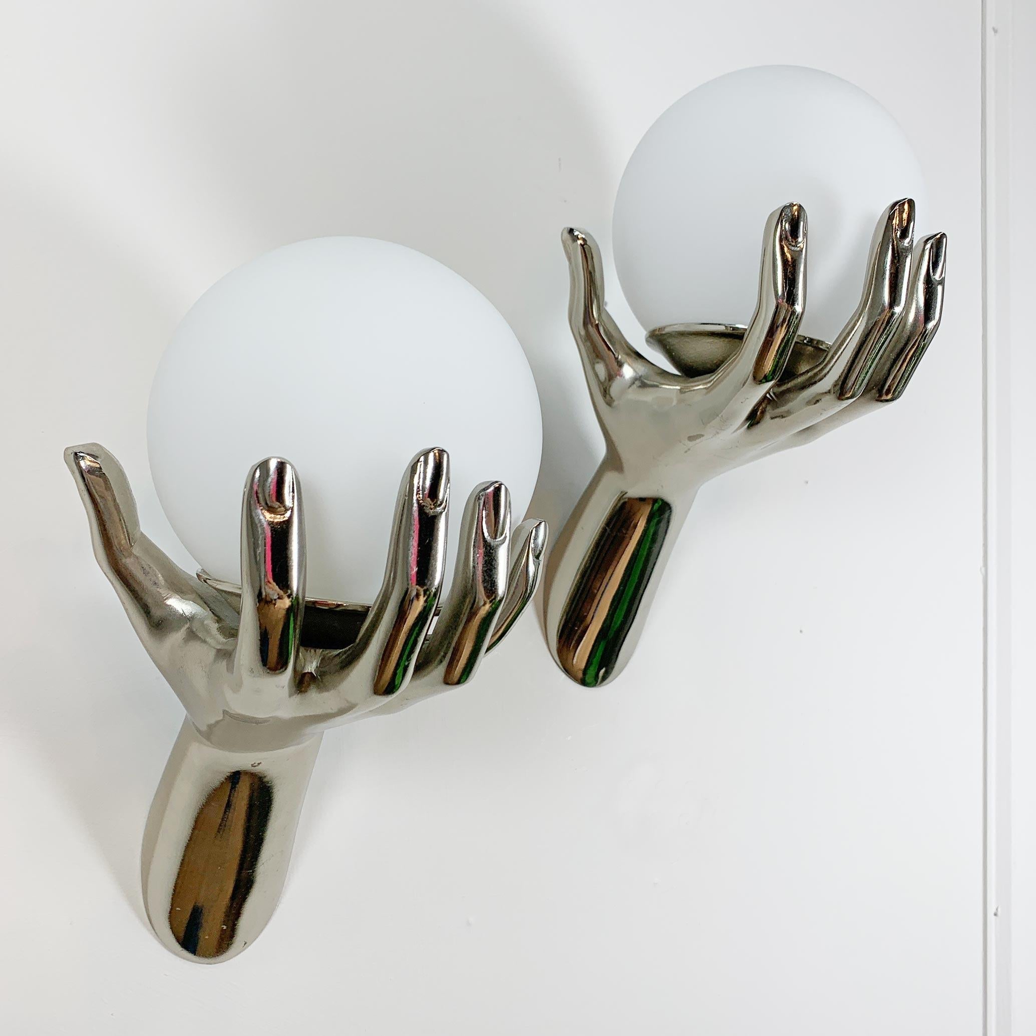 Pair of 1970's Maison Arlus Silver Hand Wall Sconces For Sale 4